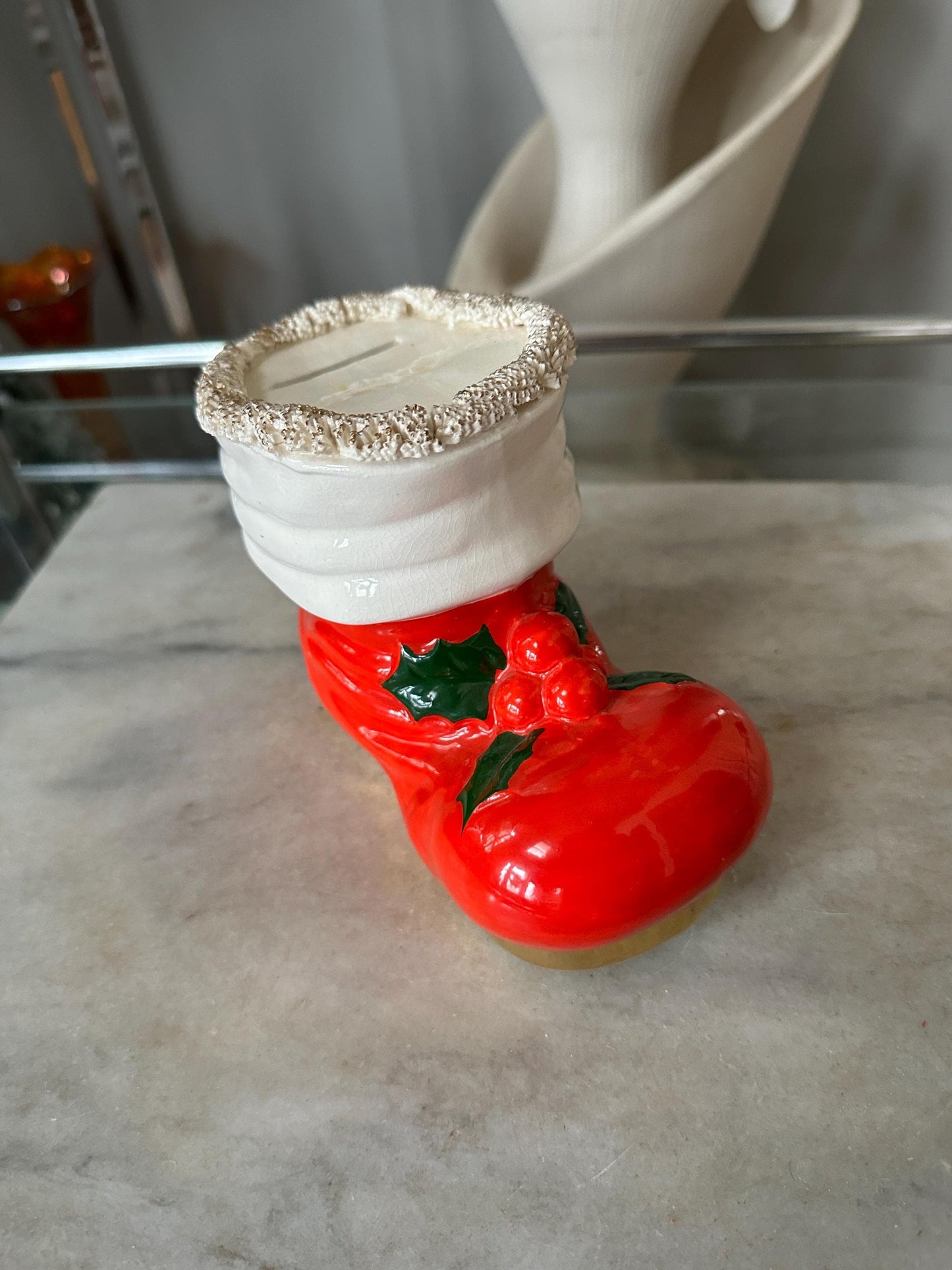 Vintage Ceramic Santa’s Boot Bank — Christmas Holiday Collectible, Kitschy Christmas, Retro Christmas