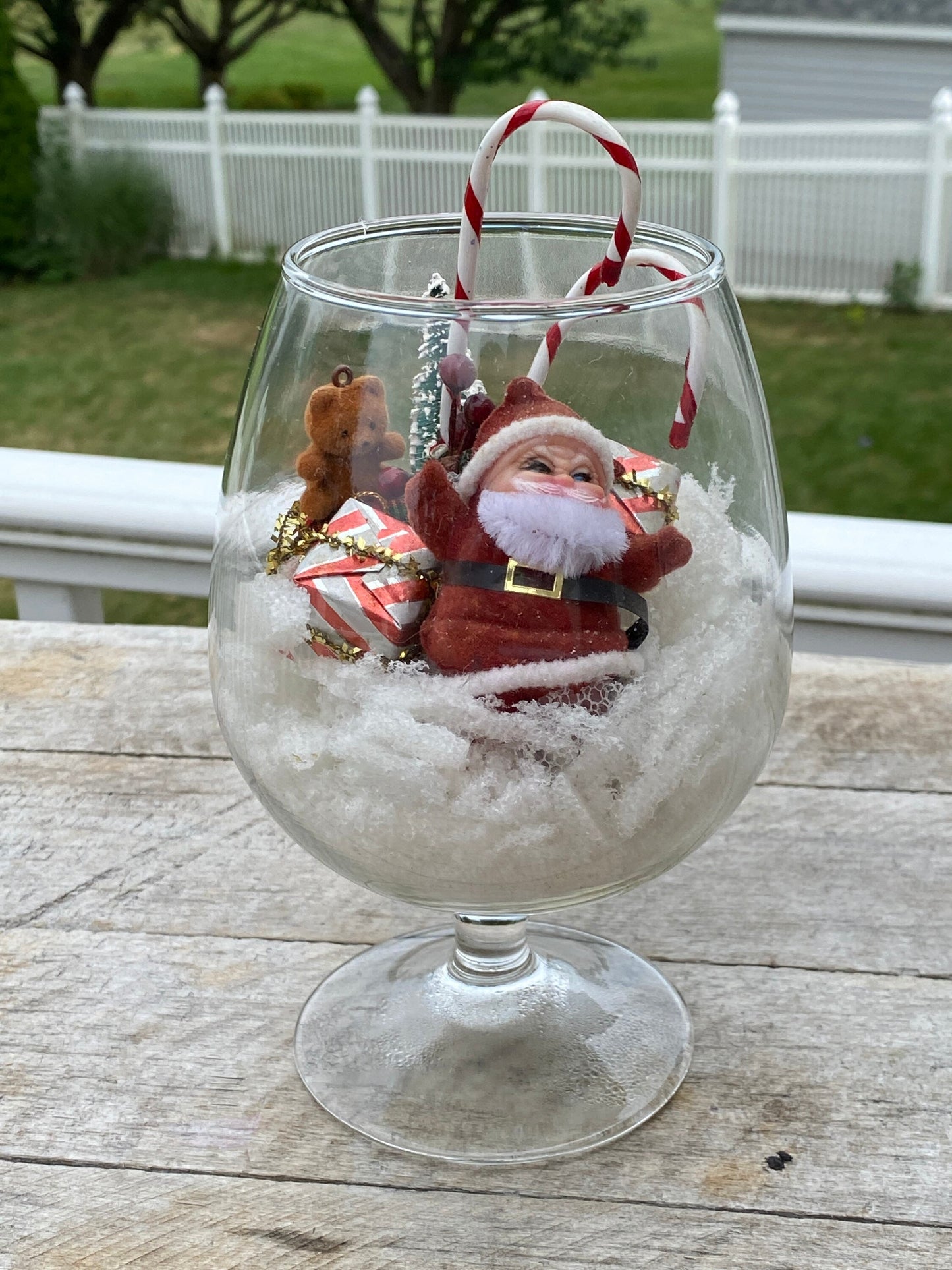 Miniature Christmas Diorama | Flocked Santa in Brandy Snifter Diorama | MCM Xmas Decir | Brish Tree Reindeer
