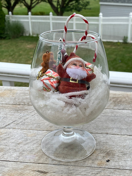 Miniature Christmas Diorama | Flocked Santa in Brandy Snifter Diorama | MCM Xmas Decir | Brish Tree Reindeer