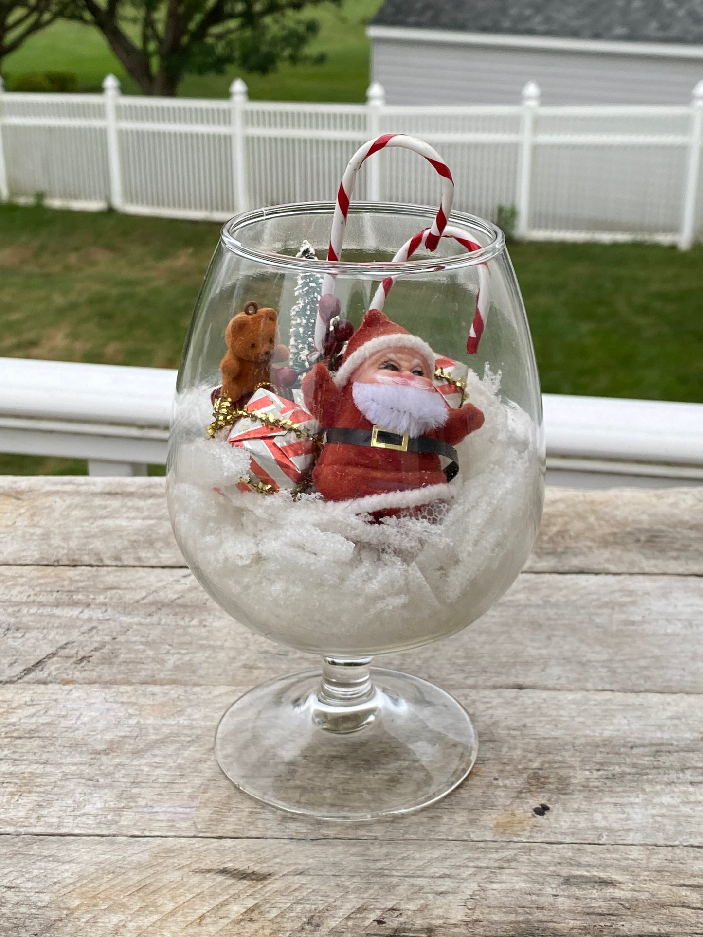 Miniature Christmas Diorama | Flocked Santa in Brandy Snifter Diorama | MCM Xmas Decir | Brish Tree Reindeer