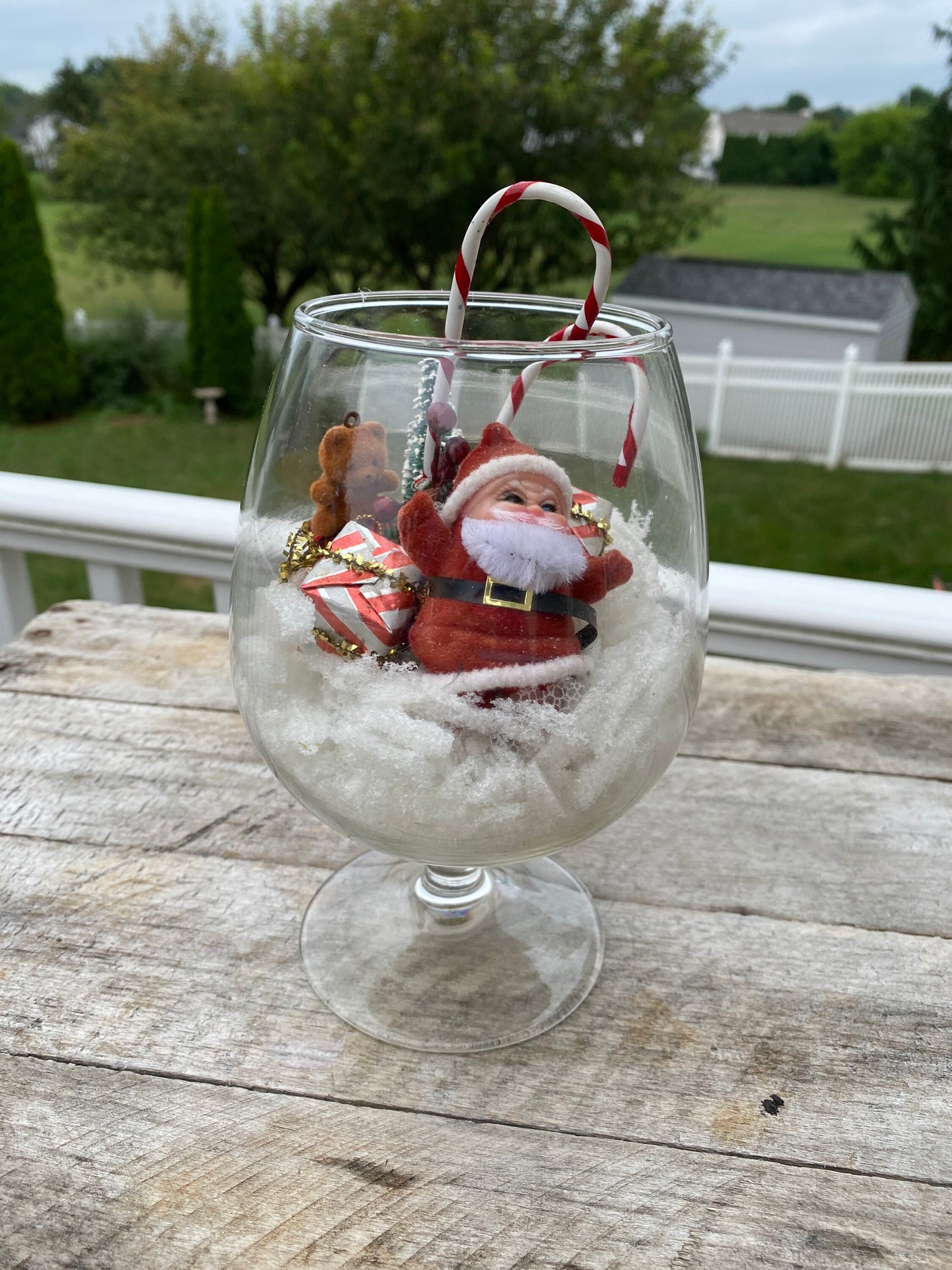 Miniature Christmas Diorama | Flocked Santa in Brandy Snifter Diorama | MCM Xmas Decir | Brish Tree Reindeer