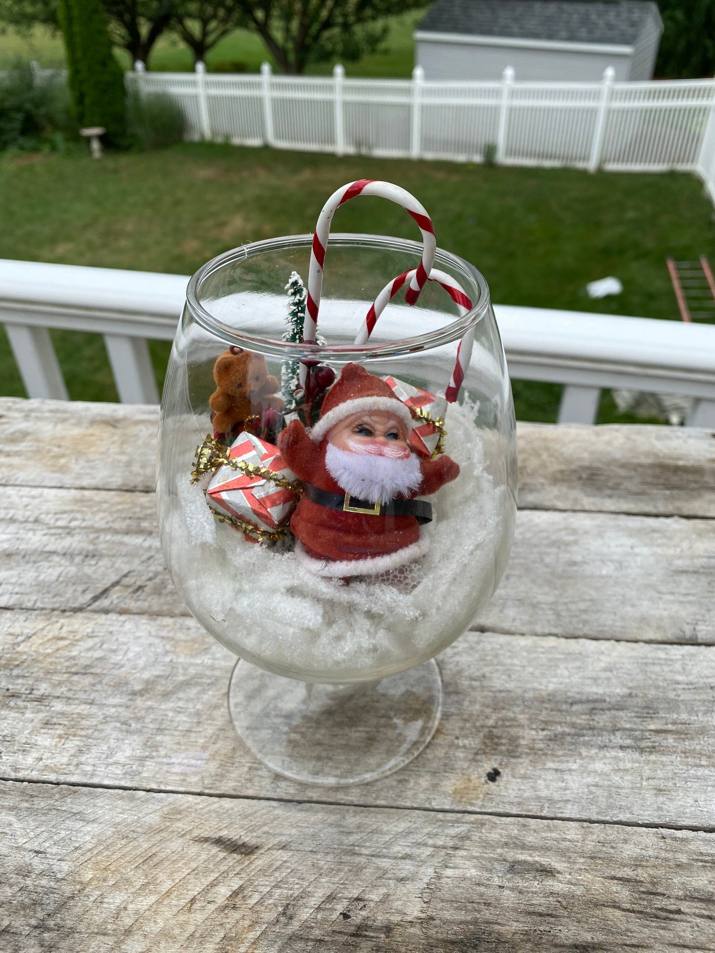 Miniature Christmas Diorama | Flocked Santa in Brandy Snifter Diorama | MCM Xmas Decir | Brish Tree Reindeer