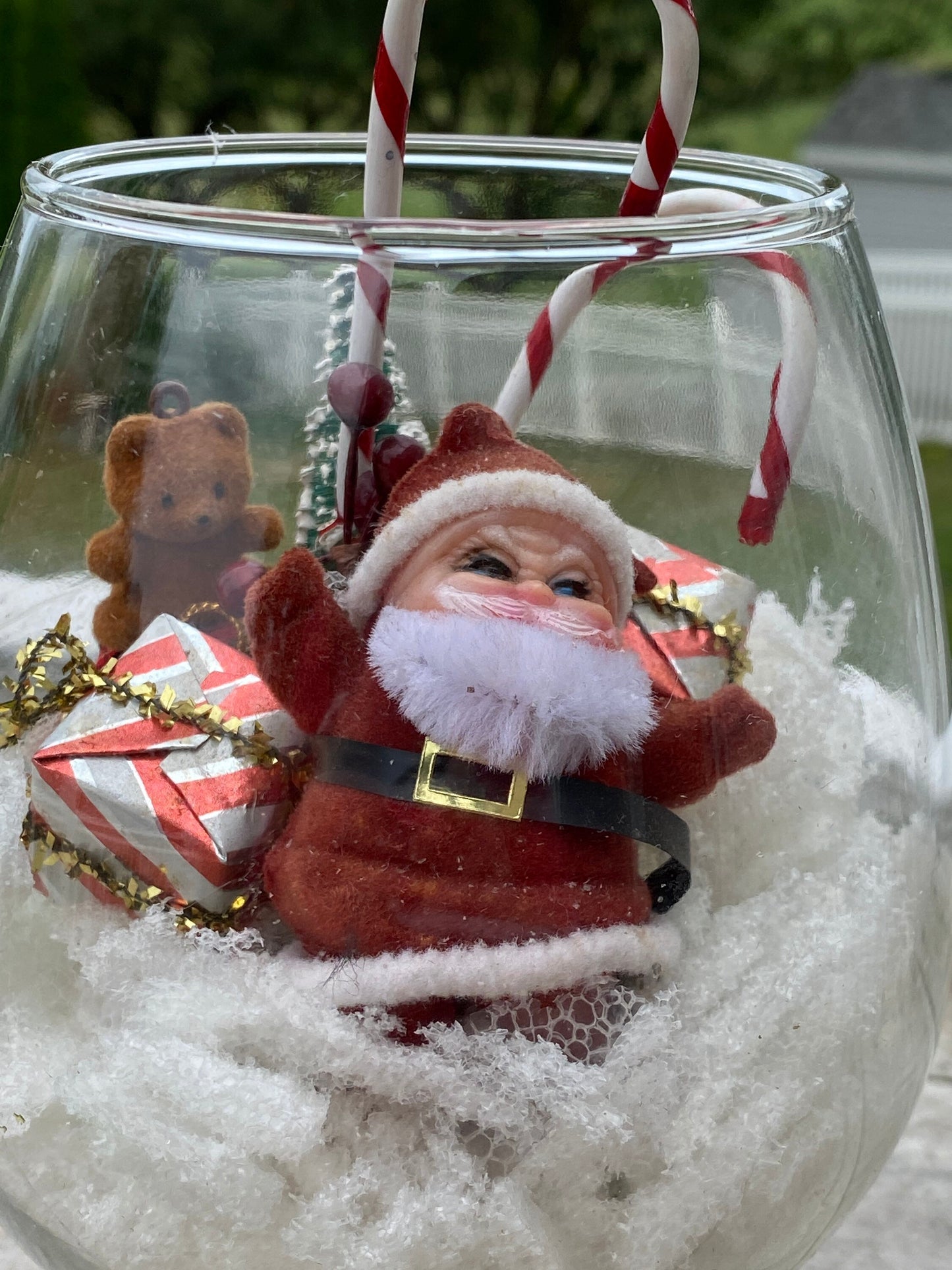 Miniature Christmas Diorama | Flocked Santa in Brandy Snifter Diorama | MCM Xmas Decir | Brish Tree Reindeer