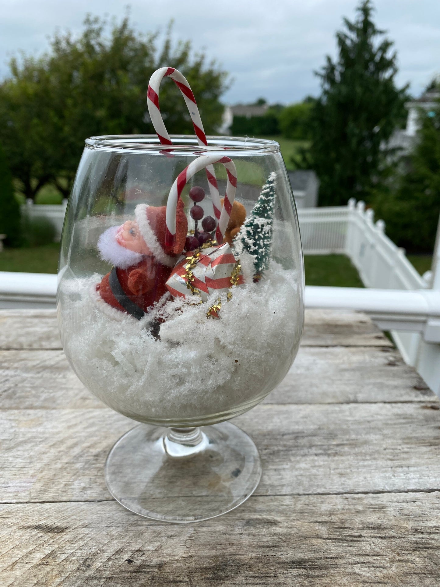 Miniature Christmas Diorama | Flocked Santa in Brandy Snifter Diorama | MCM Xmas Decir | Brish Tree Reindeer