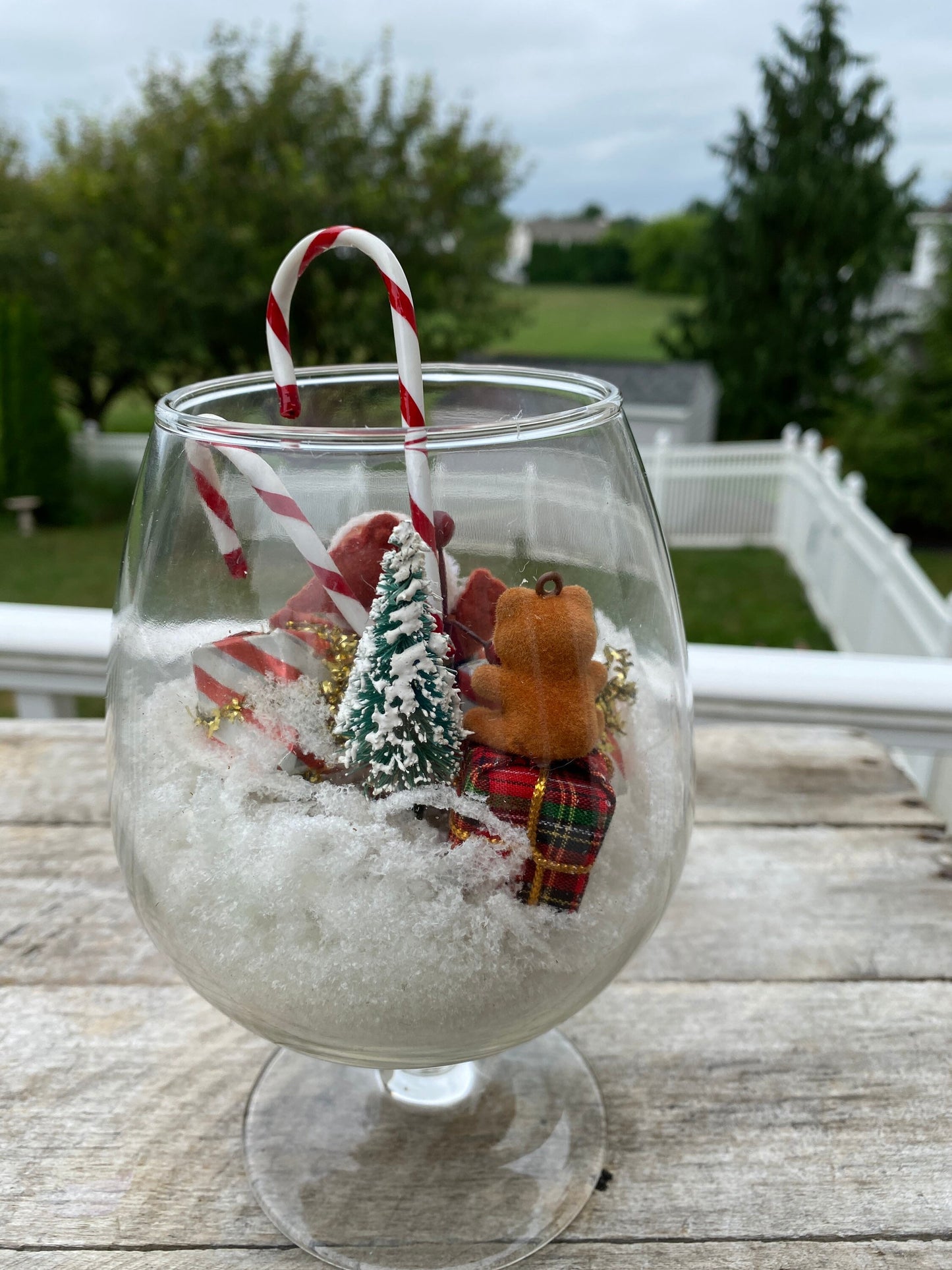 Miniature Christmas Diorama | Flocked Santa in Brandy Snifter Diorama | MCM Xmas Decir | Brish Tree Reindeer