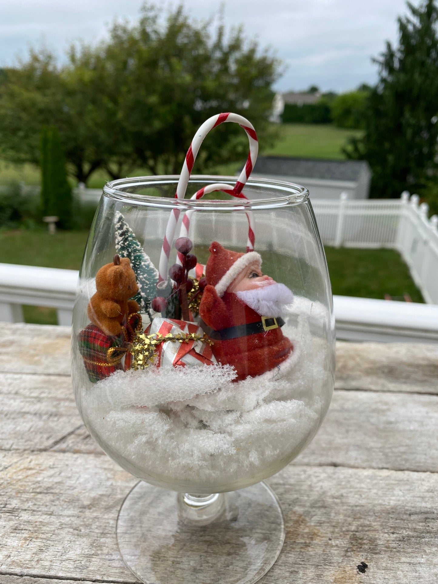 Miniature Christmas Diorama | Flocked Santa in Brandy Snifter Diorama | MCM Xmas Decir | Brish Tree Reindeer