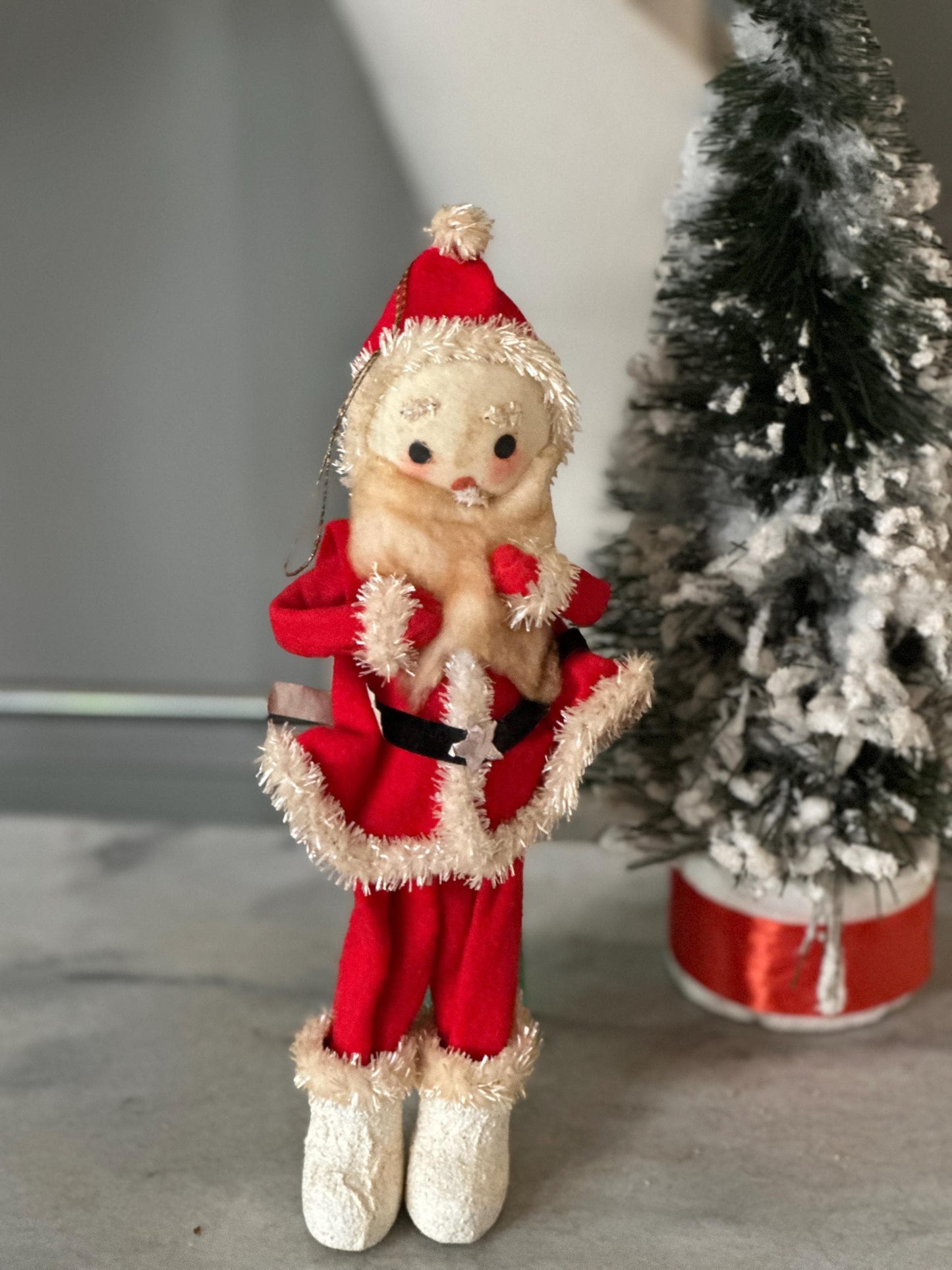 Vtg MCM 10" Xmas SANTA Doll Felt Outfit W Chenille Trim Cloth Face White Boots