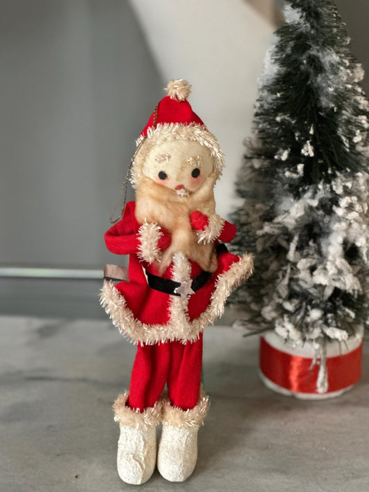 Vtg MCM 10" Xmas SANTA Doll Felt Outfit W Chenille Trim Cloth Face White Boots