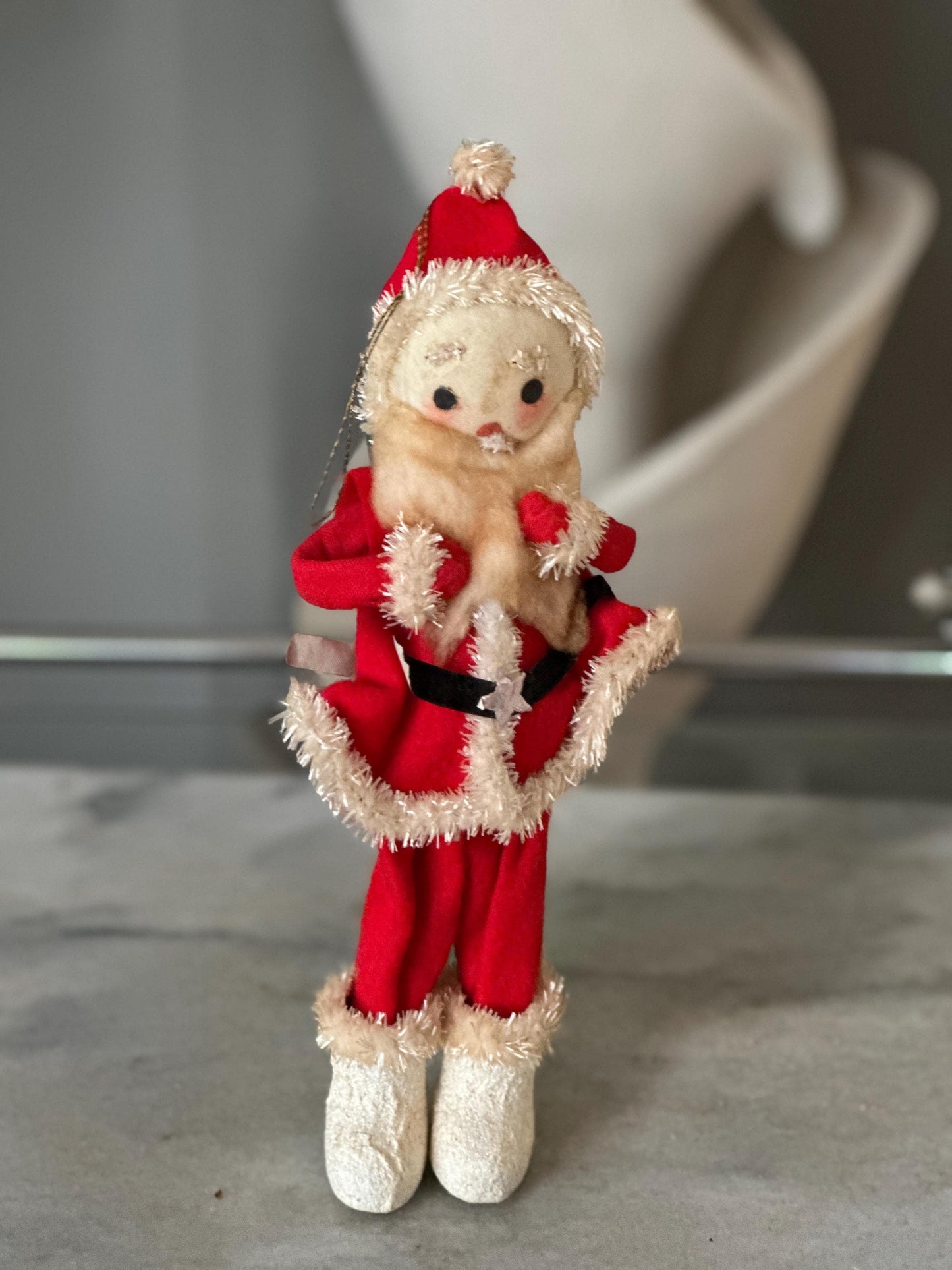 Vtg MCM 10" Xmas SANTA Doll Felt Outfit W Chenille Trim Cloth Face White Boots