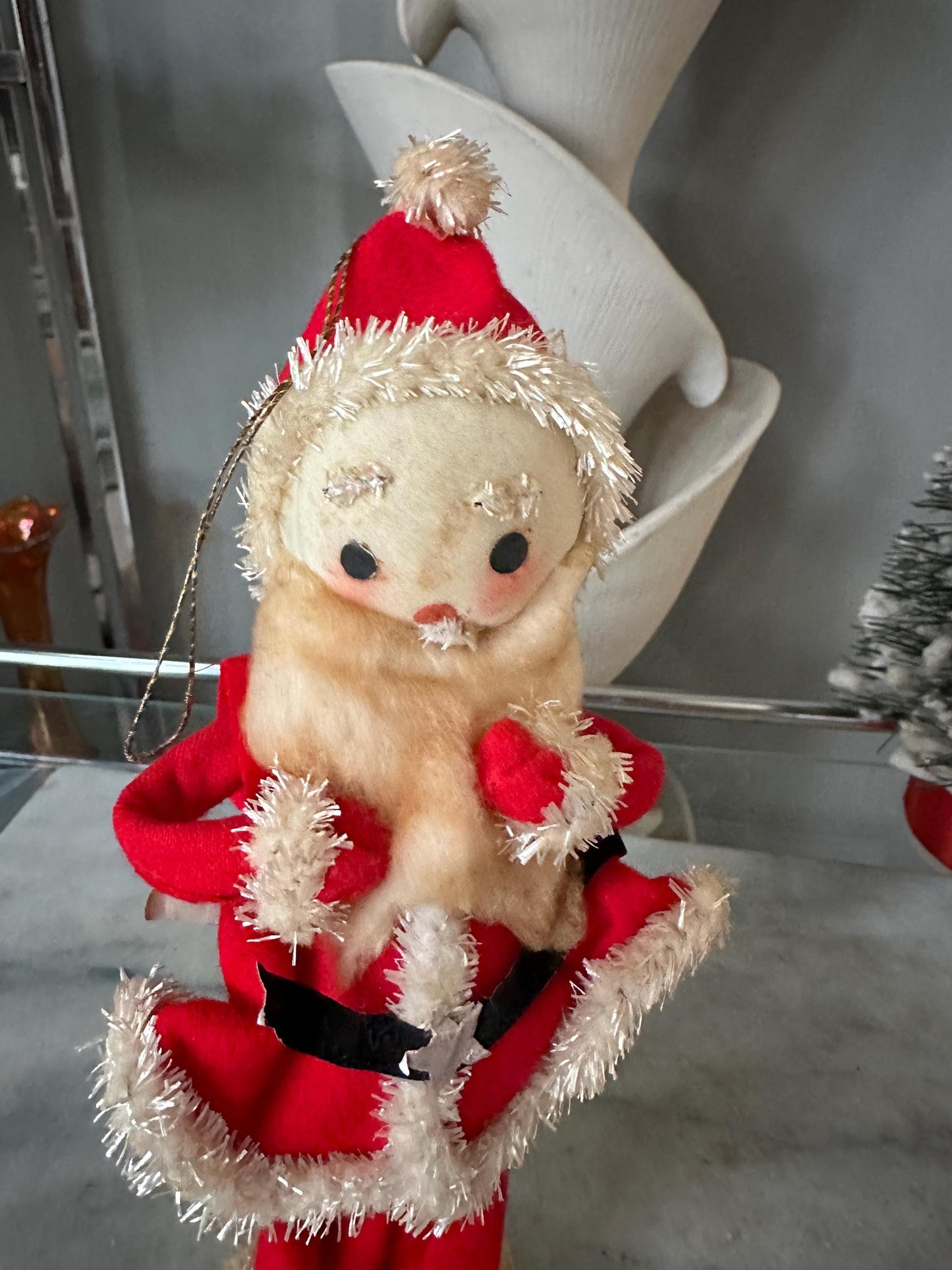 Vtg MCM 10" Xmas SANTA Doll Felt Outfit W Chenille Trim Cloth Face White Boots