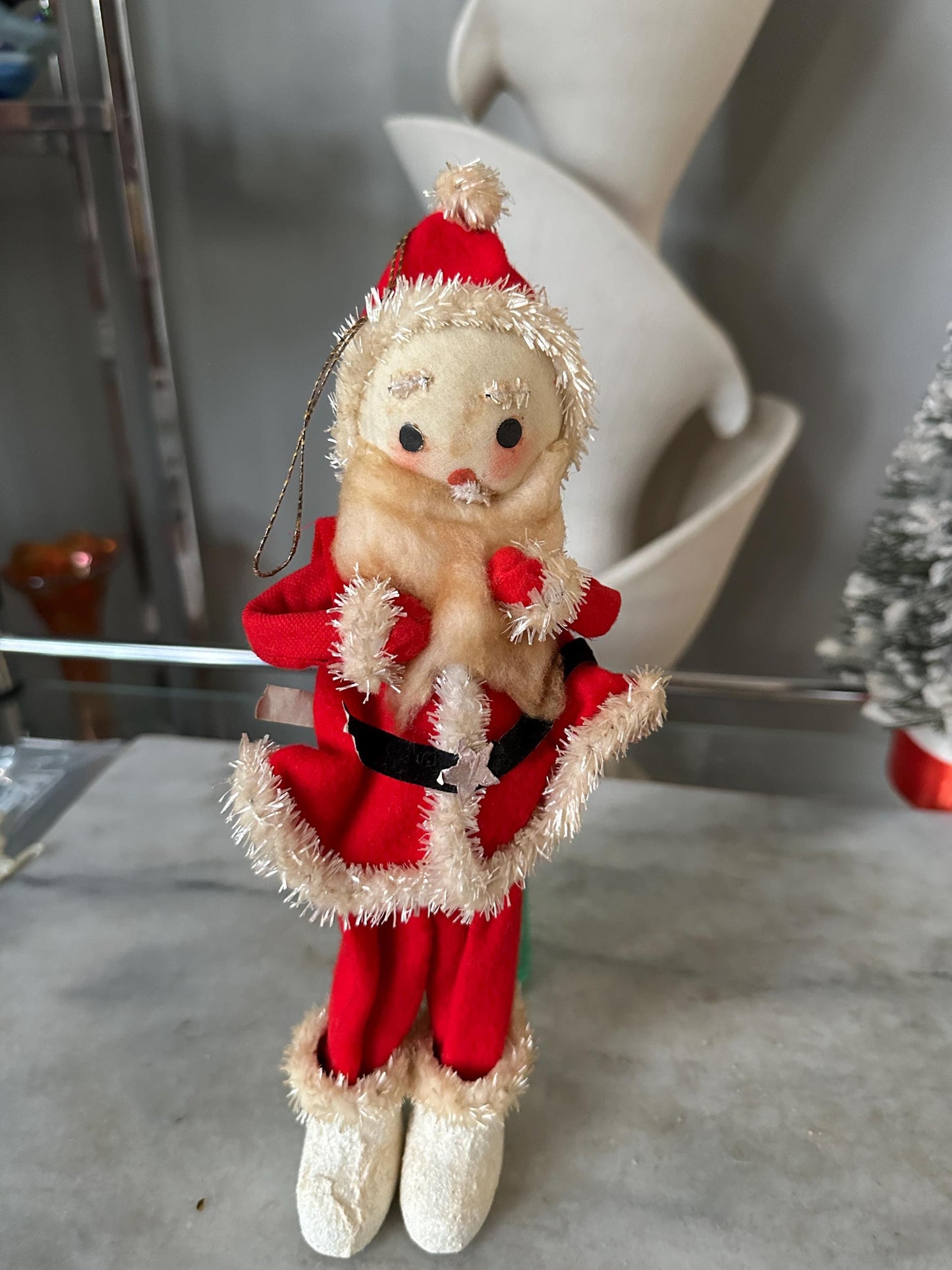 Vtg MCM 10" Xmas SANTA Doll Felt Outfit W Chenille Trim Cloth Face White Boots