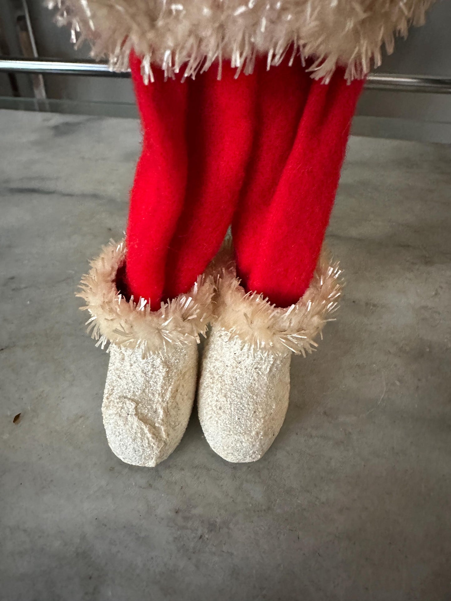 Vtg MCM 10" Xmas SANTA Doll Felt Outfit W Chenille Trim Cloth Face White Boots