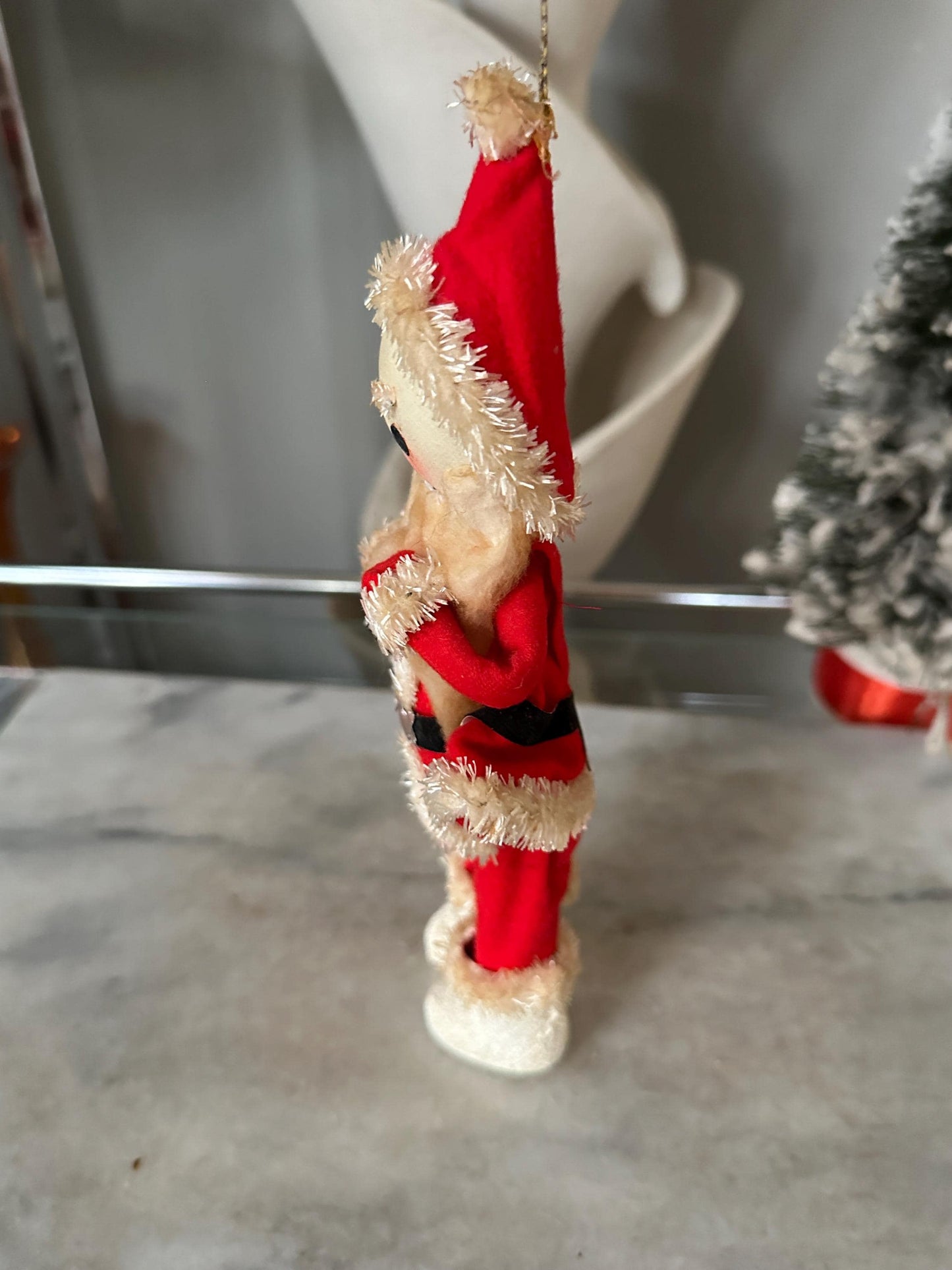 Vtg MCM 10" Xmas SANTA Doll Felt Outfit W Chenille Trim Cloth Face White Boots