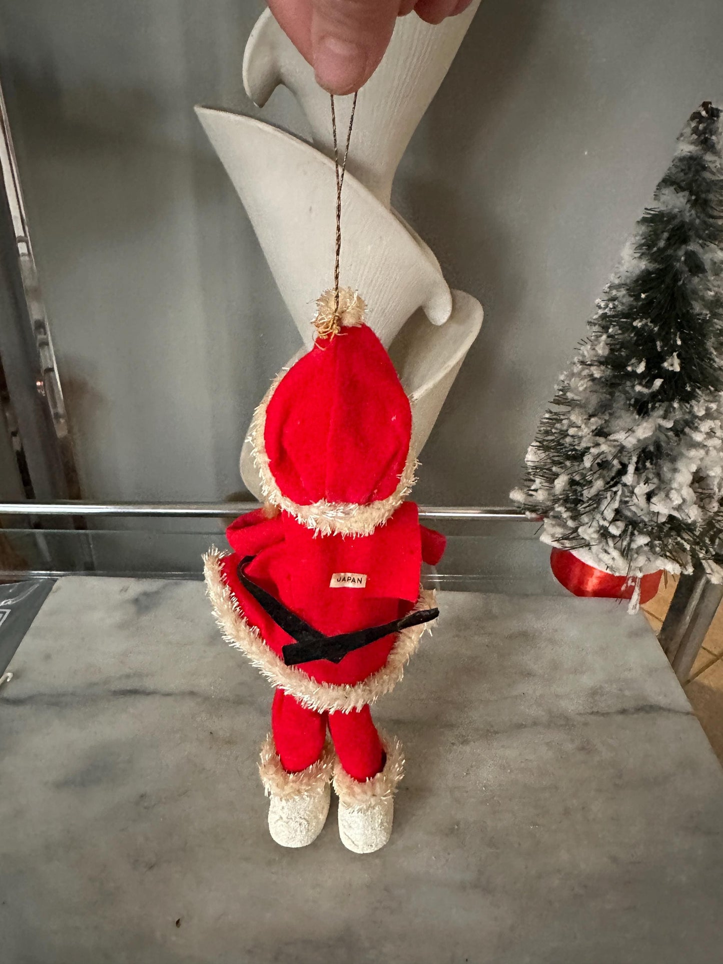 Vtg MCM 10" Xmas SANTA Doll Felt Outfit W Chenille Trim Cloth Face White Boots