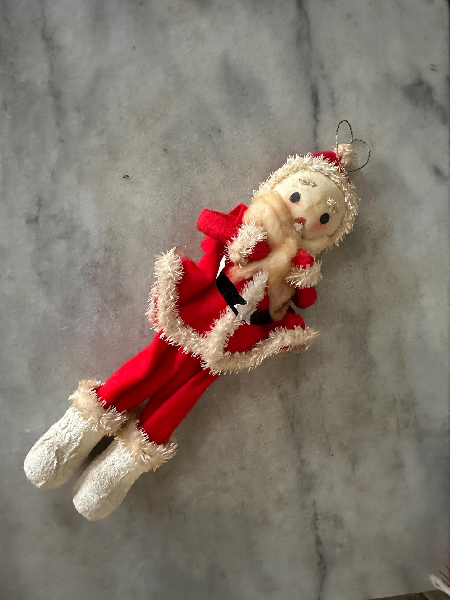 Vtg MCM 10" Xmas SANTA Doll Felt Outfit W Chenille Trim Cloth Face White Boots