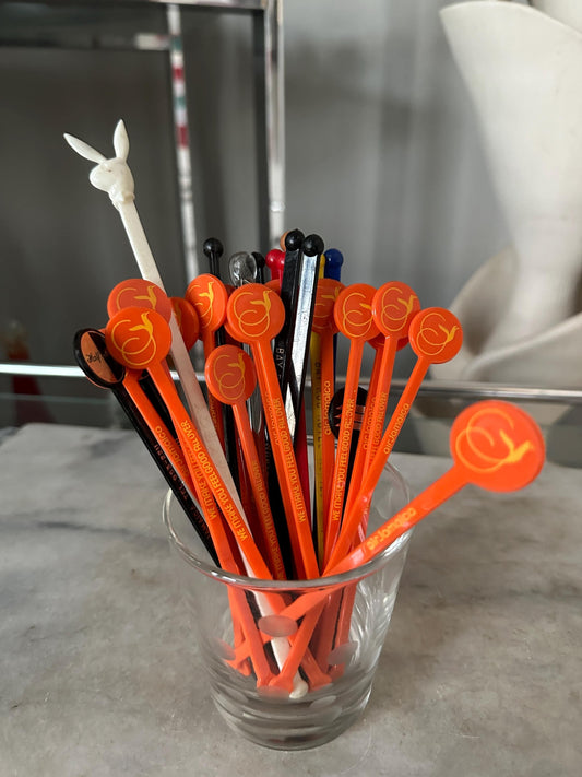 Vintage Assortment of 30 Cocktail Swizzle Sticks in MCM Polka Dot Cocktail Glass | Mid Century Barware | Retro Drink Stirrers