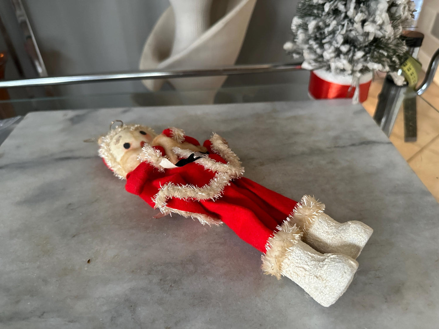 Vtg MCM 10" Xmas SANTA Doll Felt Outfit W Chenille Trim Cloth Face White Boots