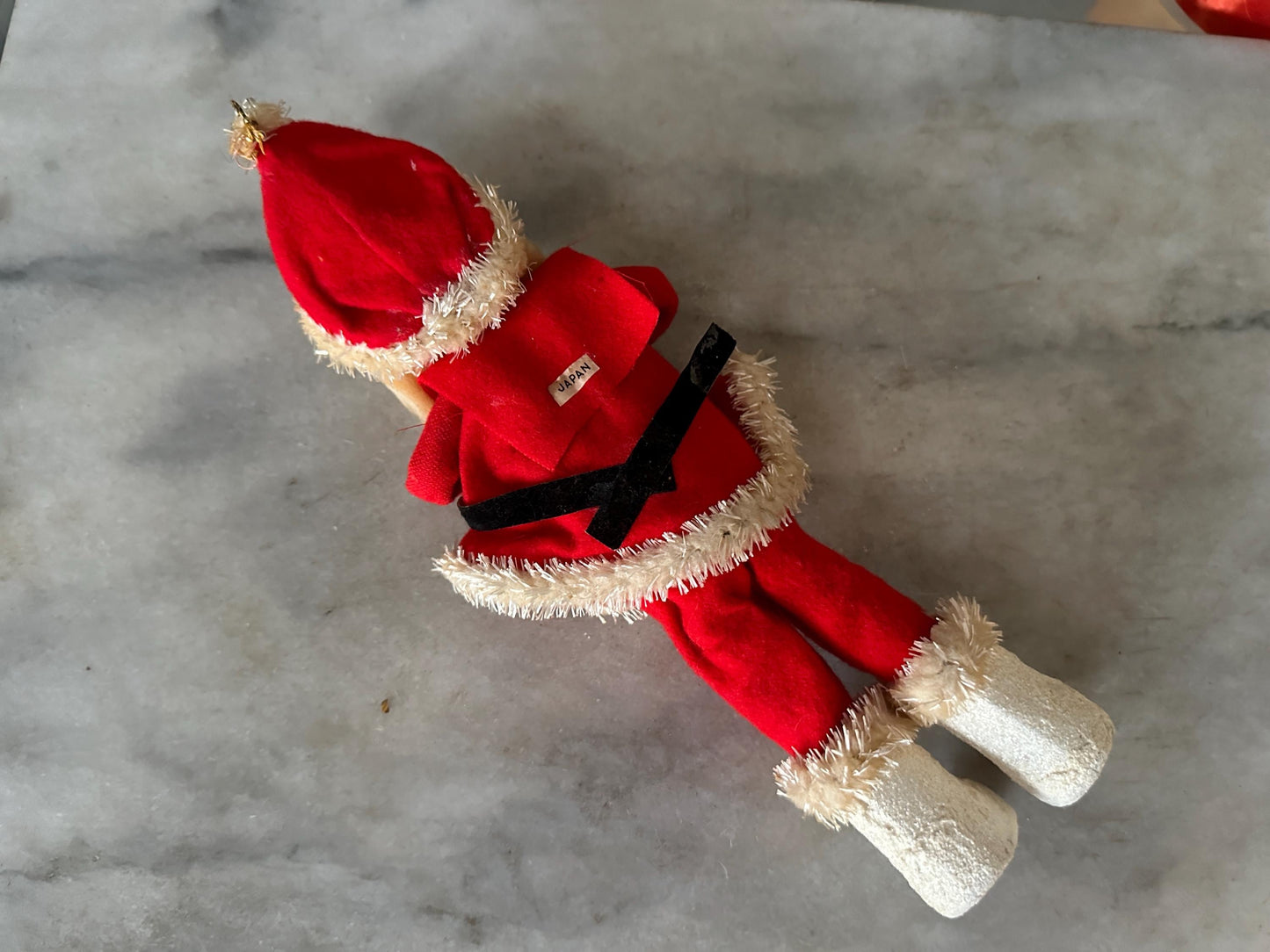 Vtg MCM 10" Xmas SANTA Doll Felt Outfit W Chenille Trim Cloth Face White Boots