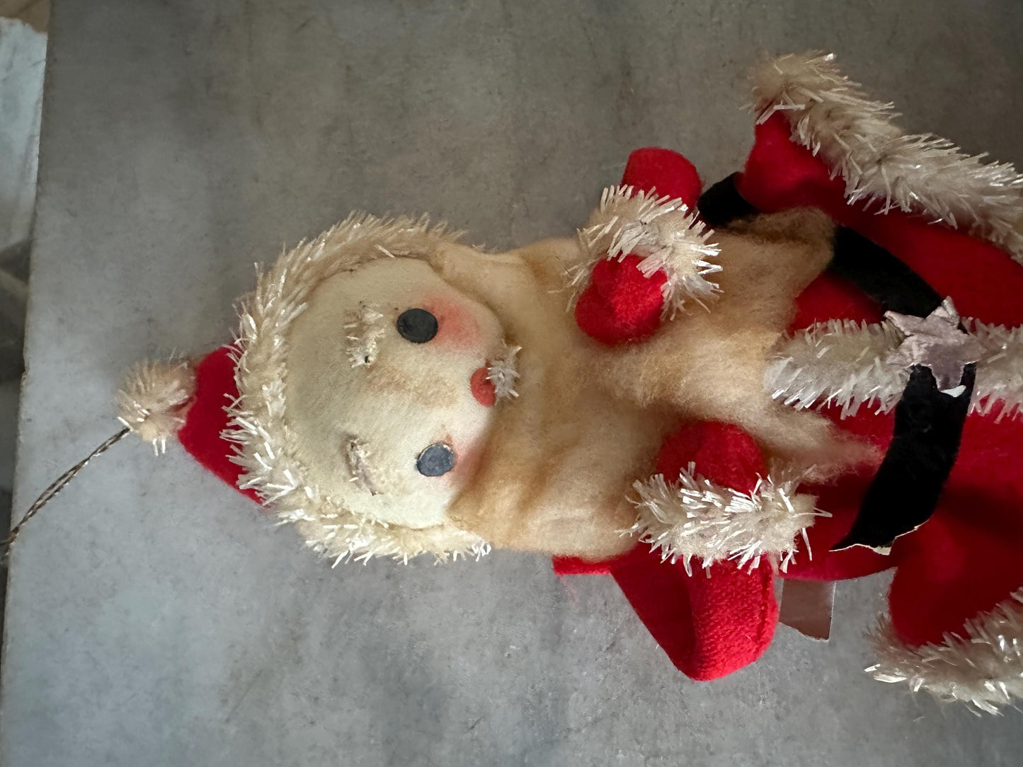 Vtg MCM 10" Xmas SANTA Doll Felt Outfit W Chenille Trim Cloth Face White Boots