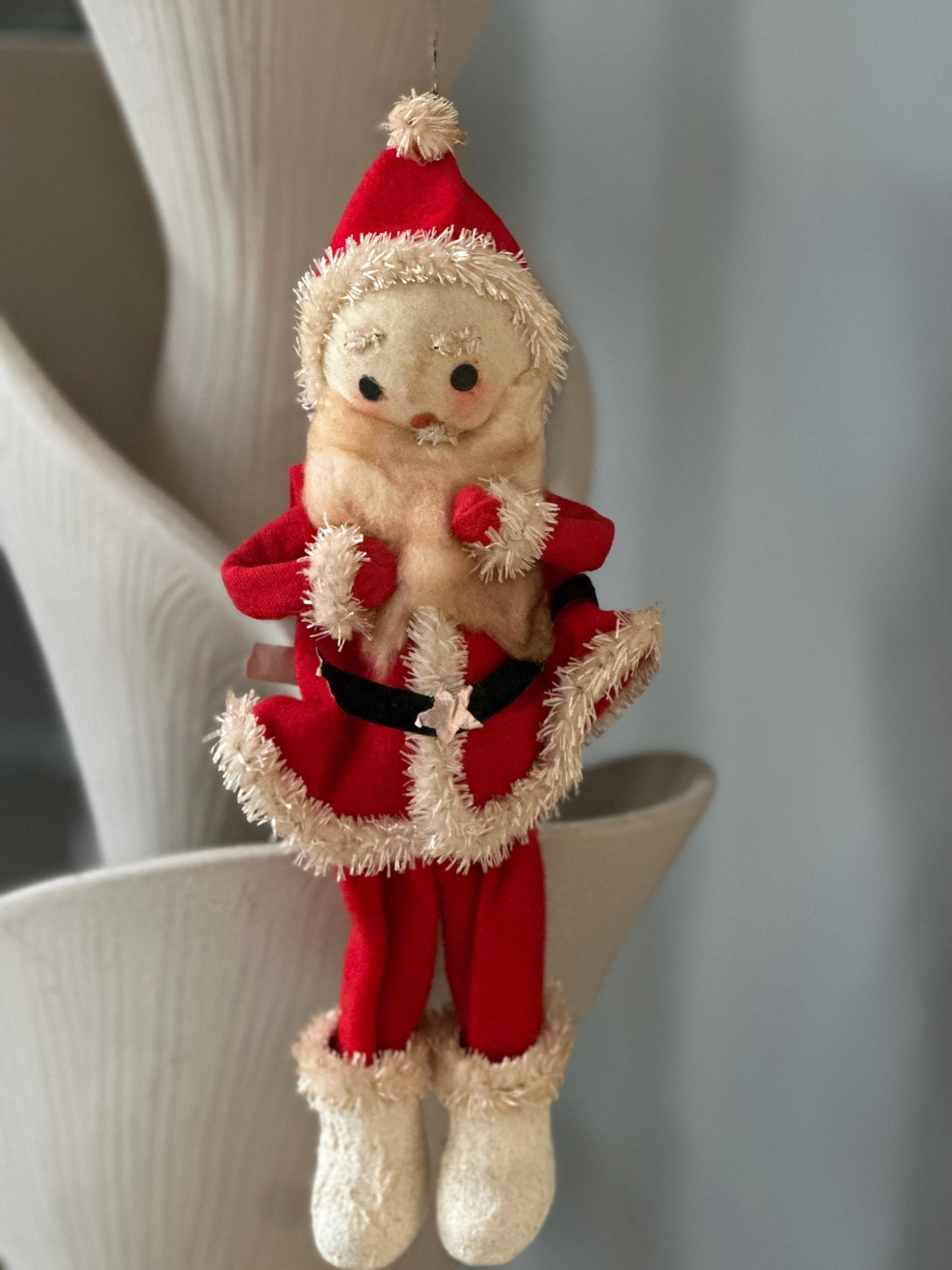 Vtg MCM 10" Xmas SANTA Doll Felt Outfit W Chenille Trim Cloth Face White Boots