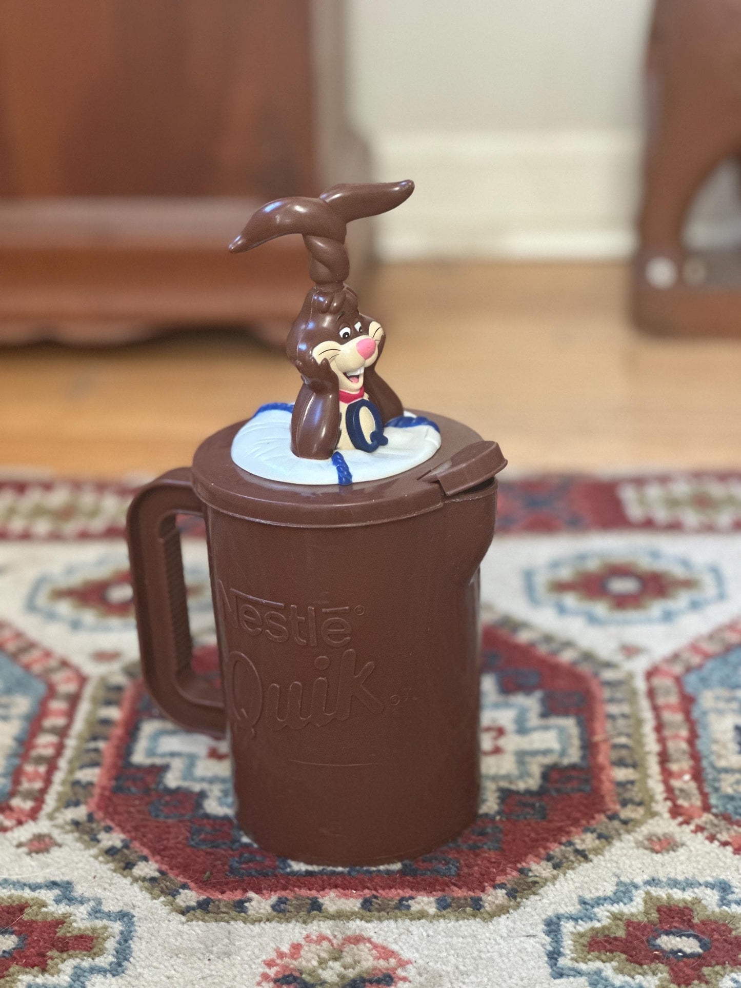 Vintage 1980s Nestlé Quik Bunny Pitcher with Mixing Straw – Promotional Chocolate Milk Mixer
