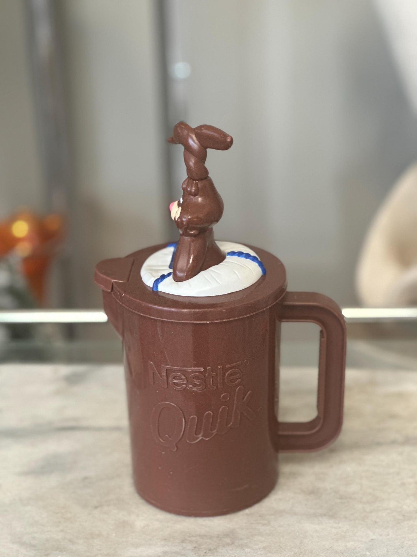 Vintage 1980s Nestlé Quik Bunny Pitcher with Mixing Straw – Promotional Chocolate Milk Mixer