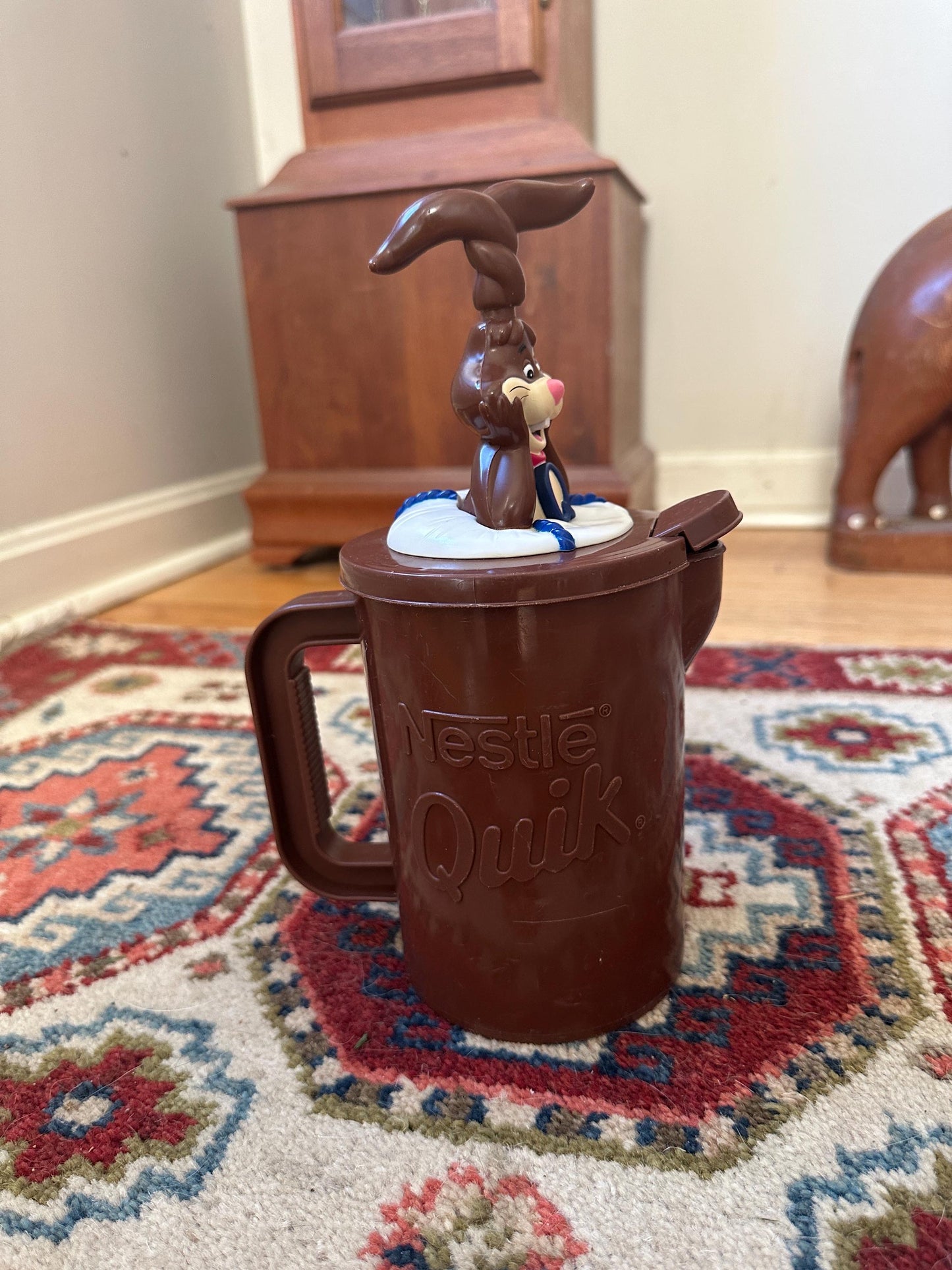 Vintage 1980s Nestlé Quik Bunny Pitcher with Mixing Straw – Promotional Chocolate Milk Mixer