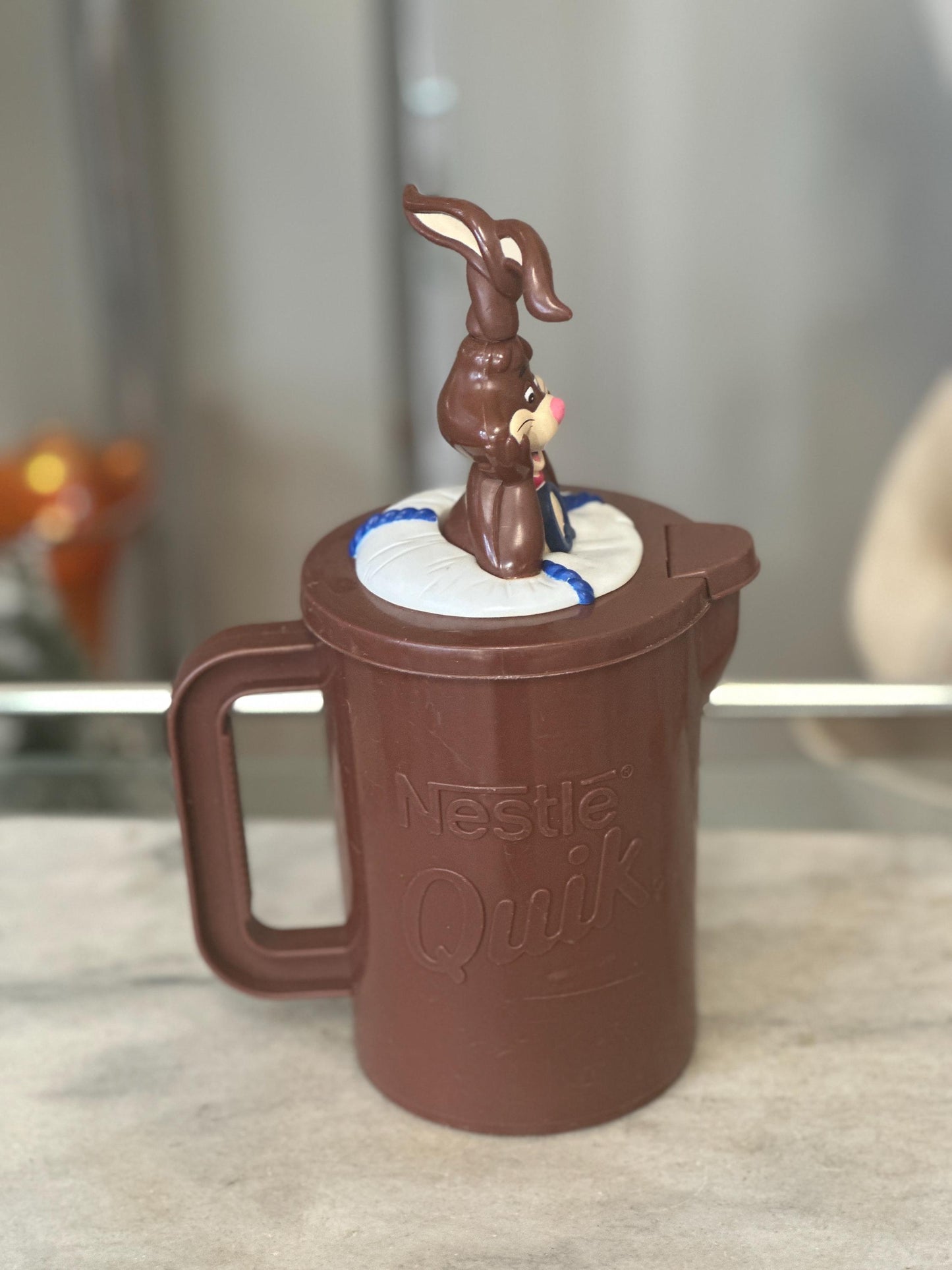 Vintage 1980s Nestlé Quik Bunny Pitcher with Mixing Straw – Promotional Chocolate Milk Mixer