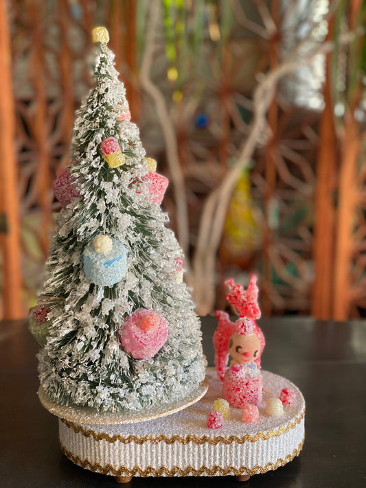 Vintage White Mica Glitter Tree Musical Ornament with Pink Gumdrop Decoration, Snowman and Deer | Atomic Christmas Decor | Kitschy Christmas