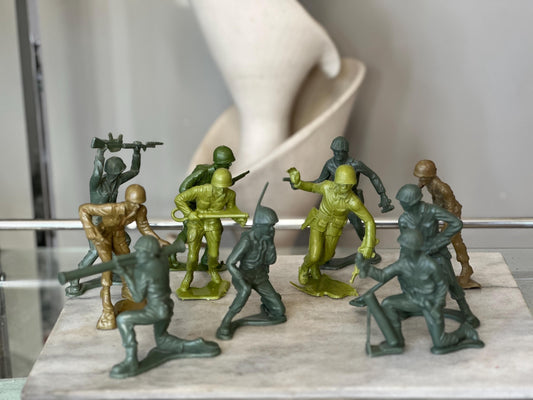 Vintage Plastic Toy Soldiers Lot – 11 Large Figures – Includes 6 Tim-Mee 6” Soldiers – 1960s USA