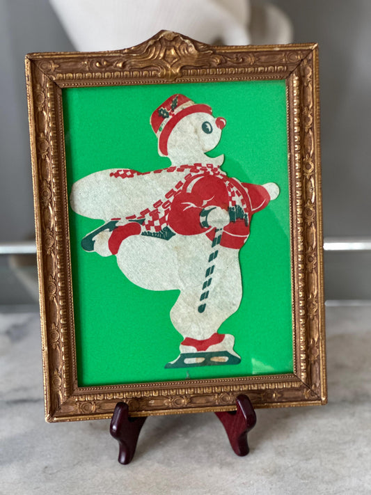 Vintage Die Cut Ice Skating Snowman in Ornate Antique Gold Gilt Frame