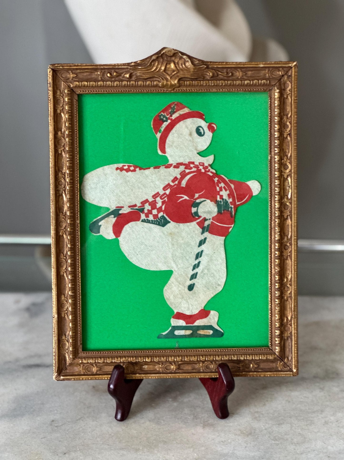 Vintage Die Cut Ice Skating Snowman in Ornate Antique Gold Gilt Frame