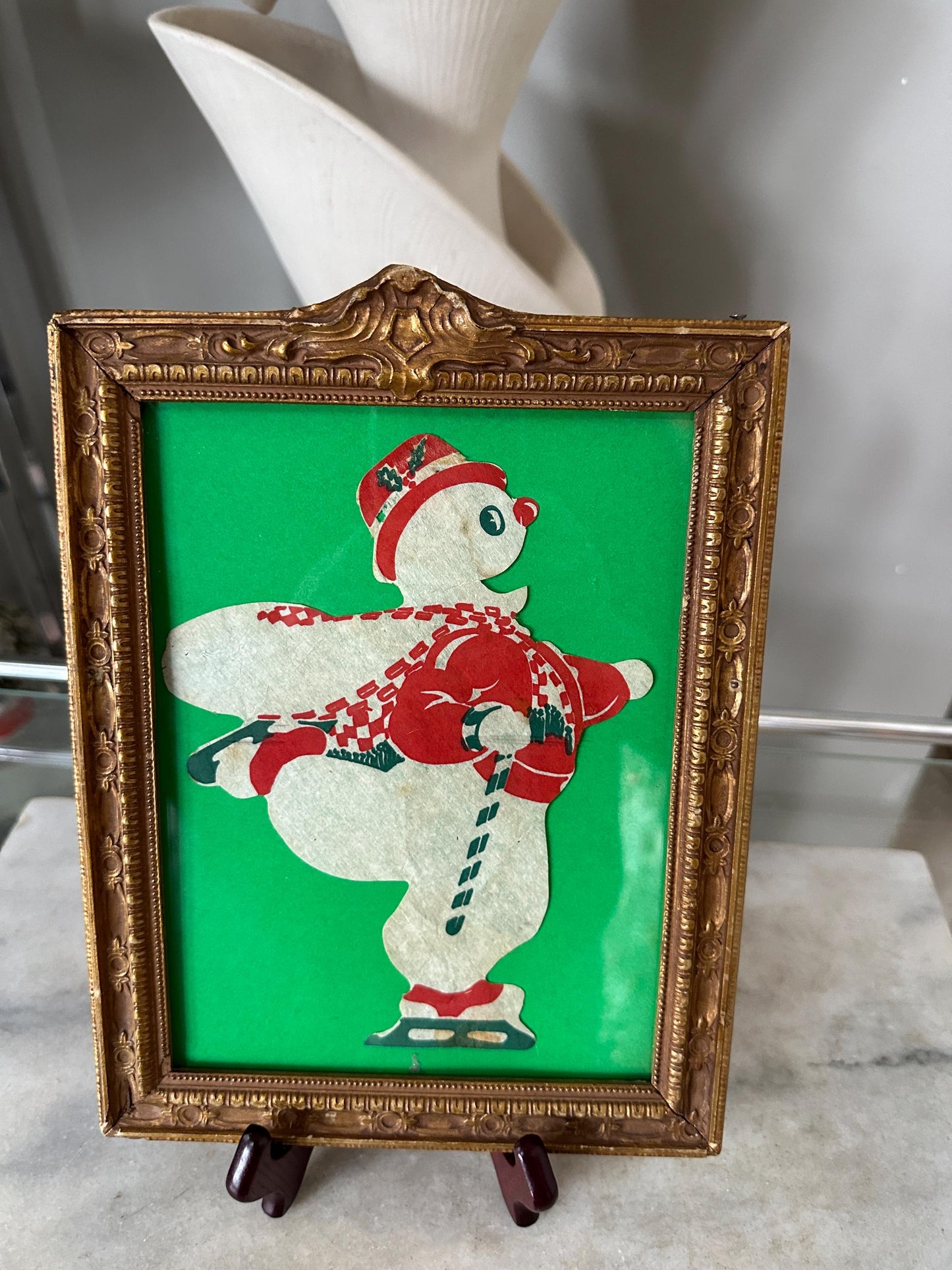 Vintage Die Cut Ice Skating Snowman in Ornate Antique Gold Gilt Frame