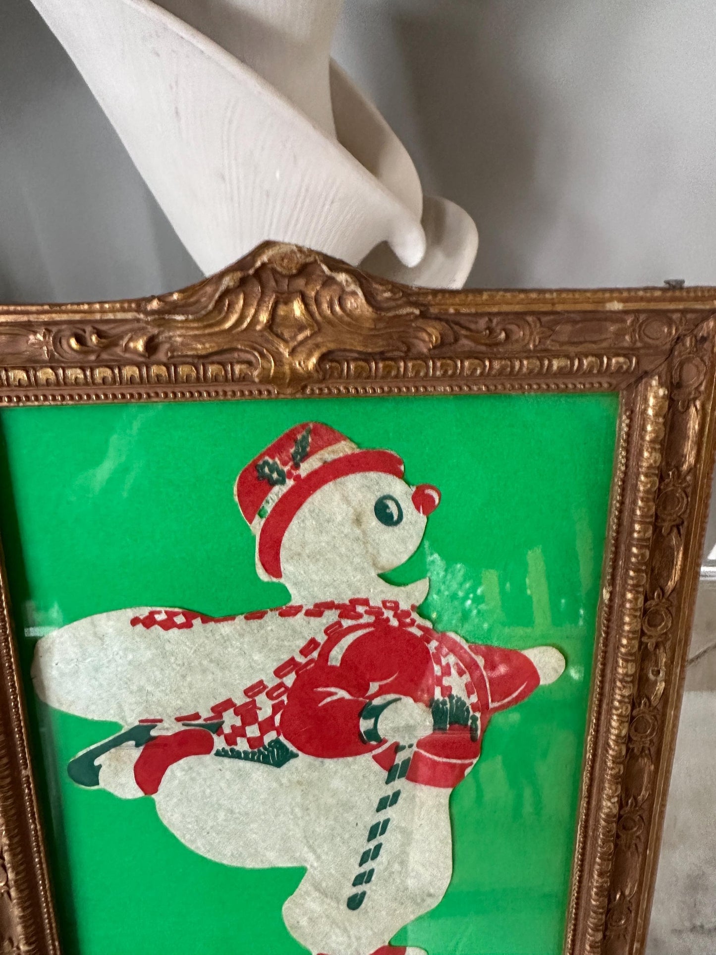 Vintage Die Cut Ice Skating Snowman in Ornate Antique Gold Gilt Frame