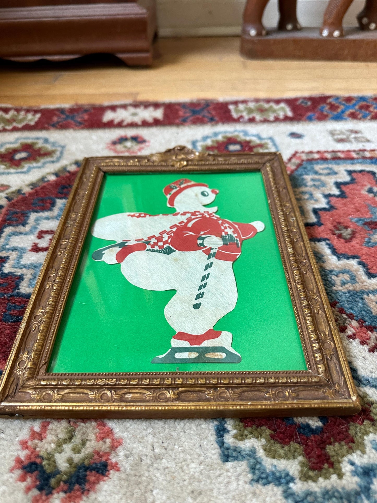 Vintage Die Cut Ice Skating Snowman in Ornate Antique Gold Gilt Frame