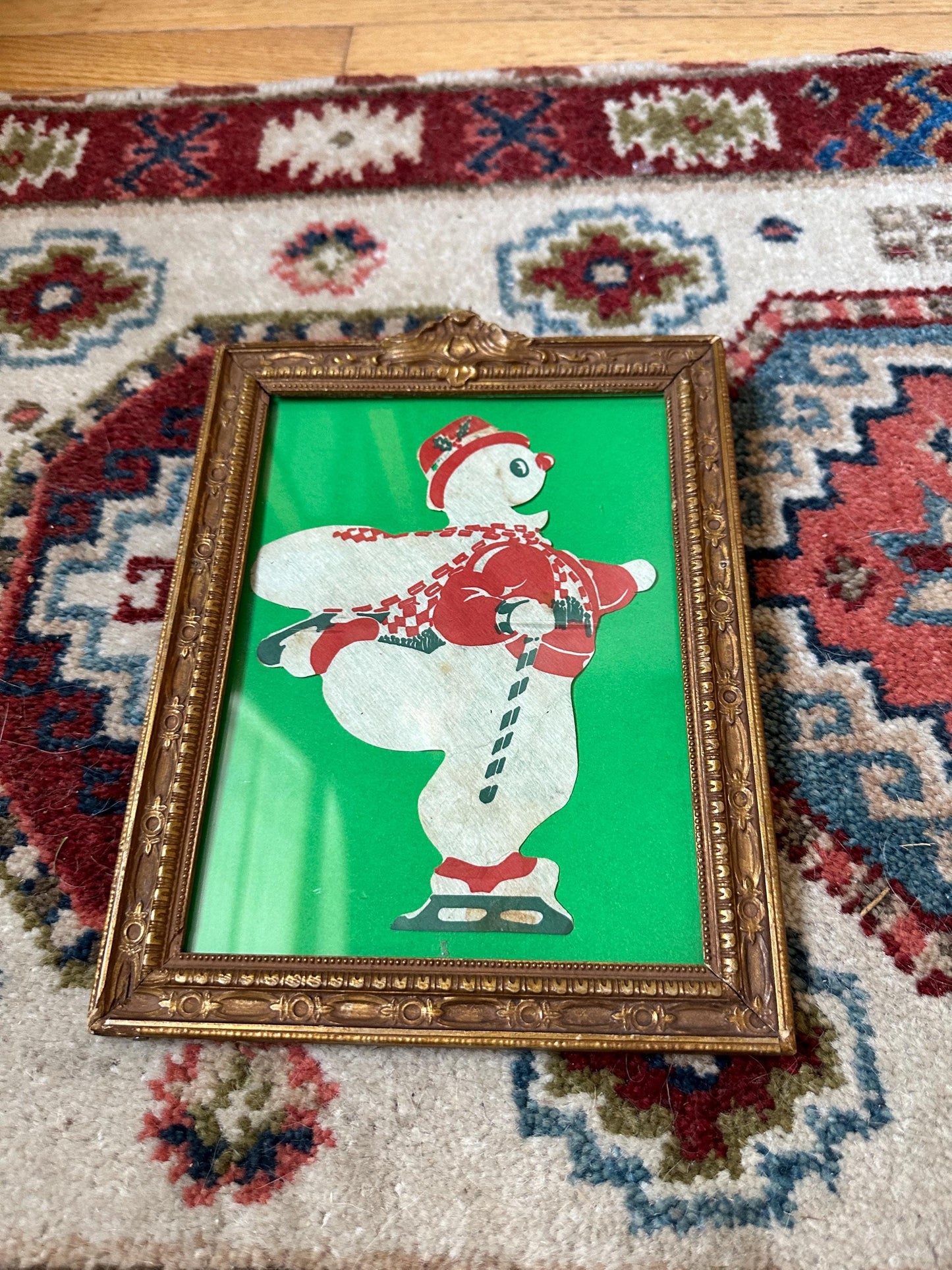 Vintage Die Cut Ice Skating Snowman in Ornate Antique Gold Gilt Frame