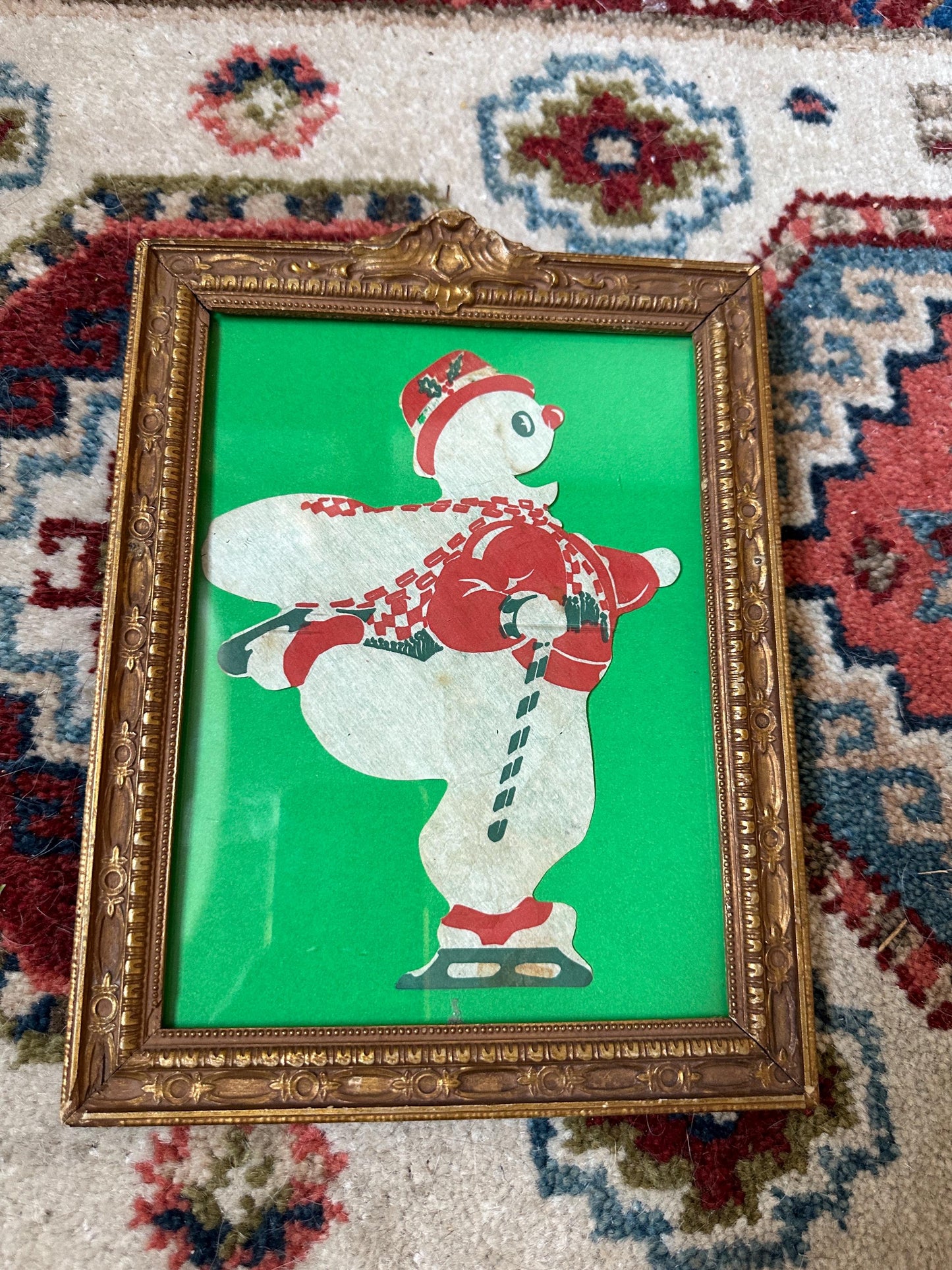 Vintage Die Cut Ice Skating Snowman in Ornate Antique Gold Gilt Frame