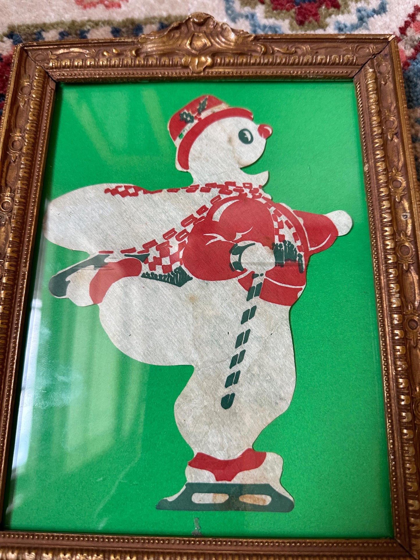 Vintage Die Cut Ice Skating Snowman in Ornate Antique Gold Gilt Frame