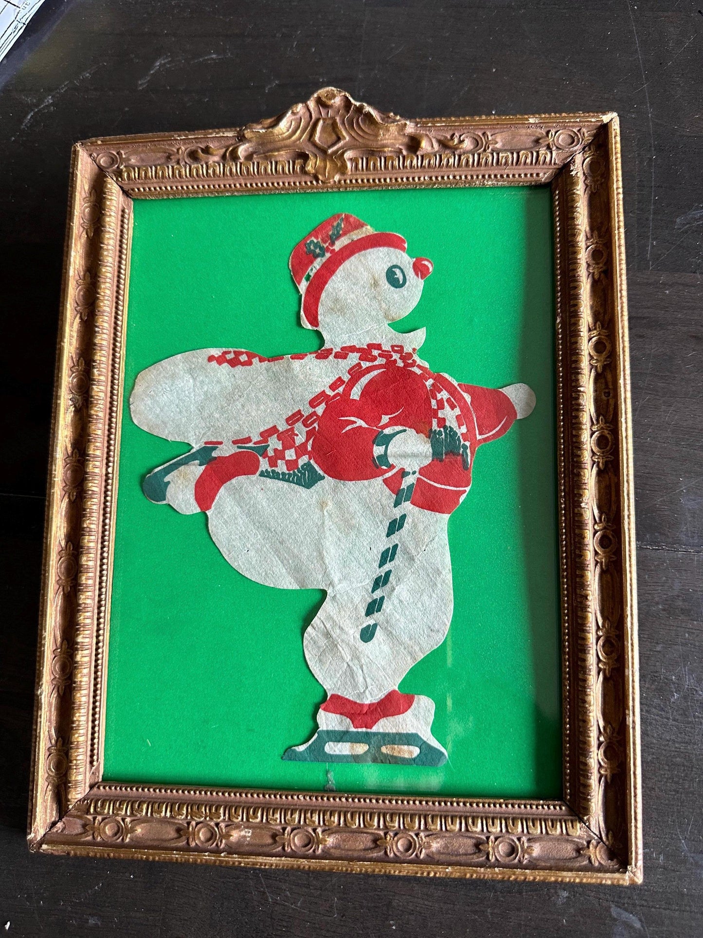 Vintage Die Cut Ice Skating Snowman in Ornate Antique Gold Gilt Frame