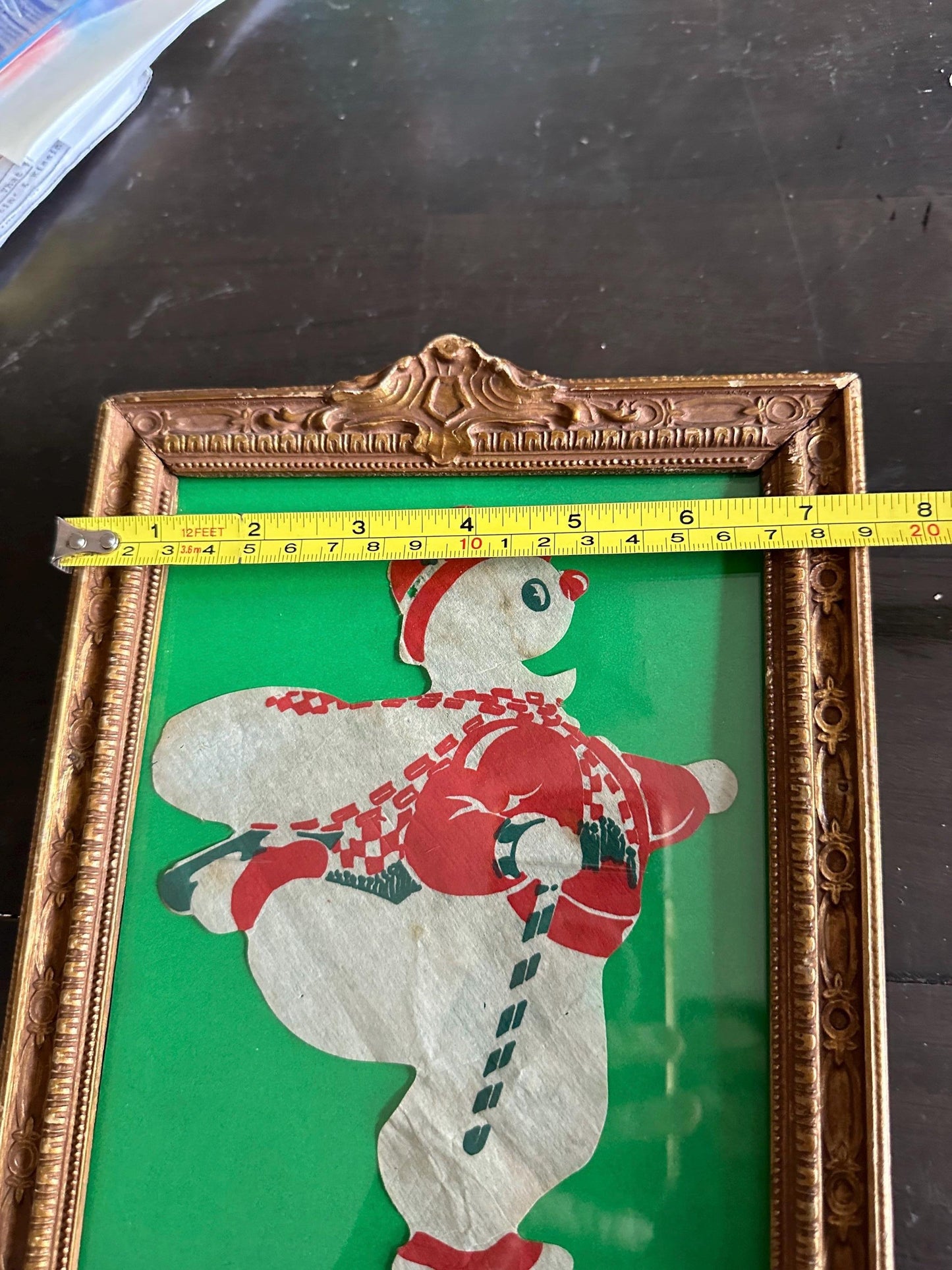 Vintage Die Cut Ice Skating Snowman in Ornate Antique Gold Gilt Frame