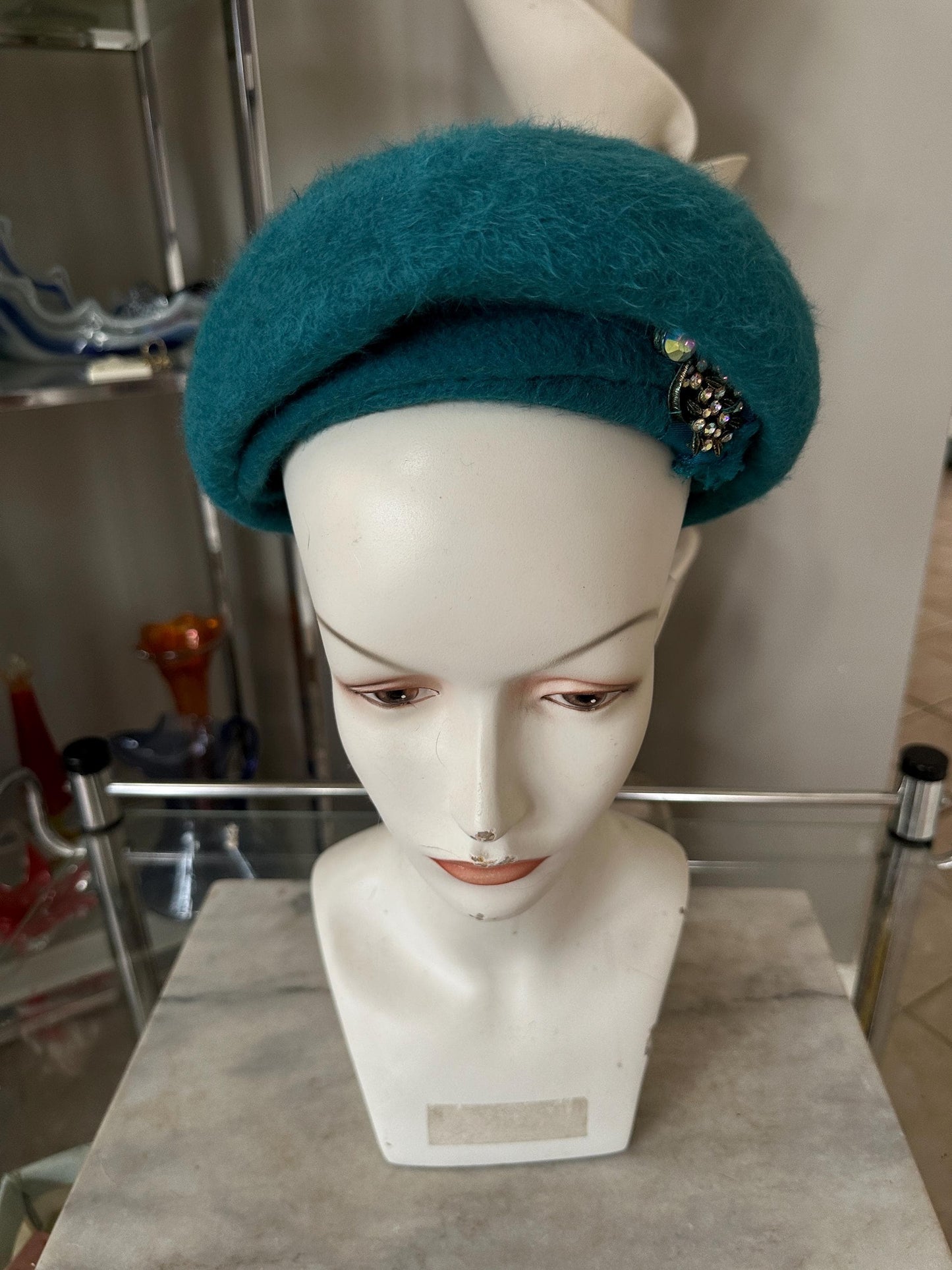 Vintage Turquoise Wool Felt Dress Hat | Merrimack Metri-Soie | 1950s Ladies Hat, New Old Stock