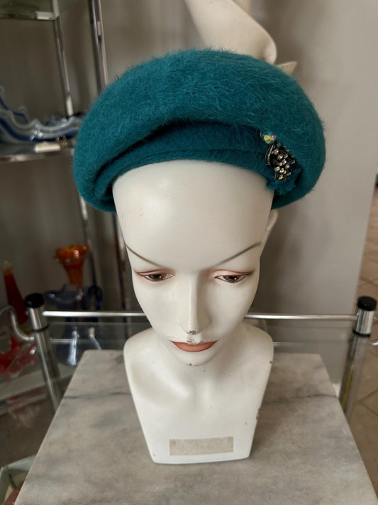 Vintage Turquoise Wool Felt Dress Hat | Merrimack Metri-Soie | 1950s Ladies Hat, New Old Stock