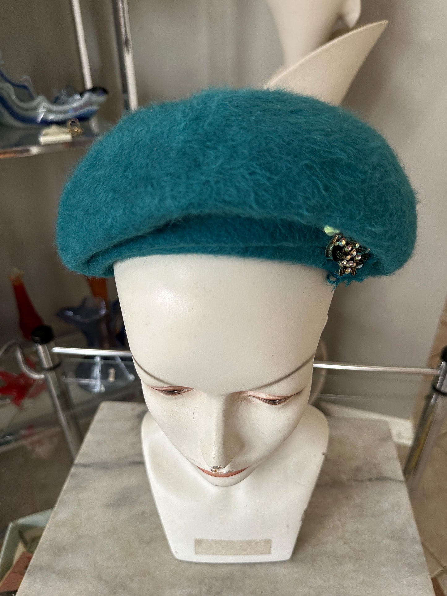 Vintage Turquoise Wool Felt Dress Hat | Merrimack Metri-Soie | 1950s Ladies Hat, New Old Stock