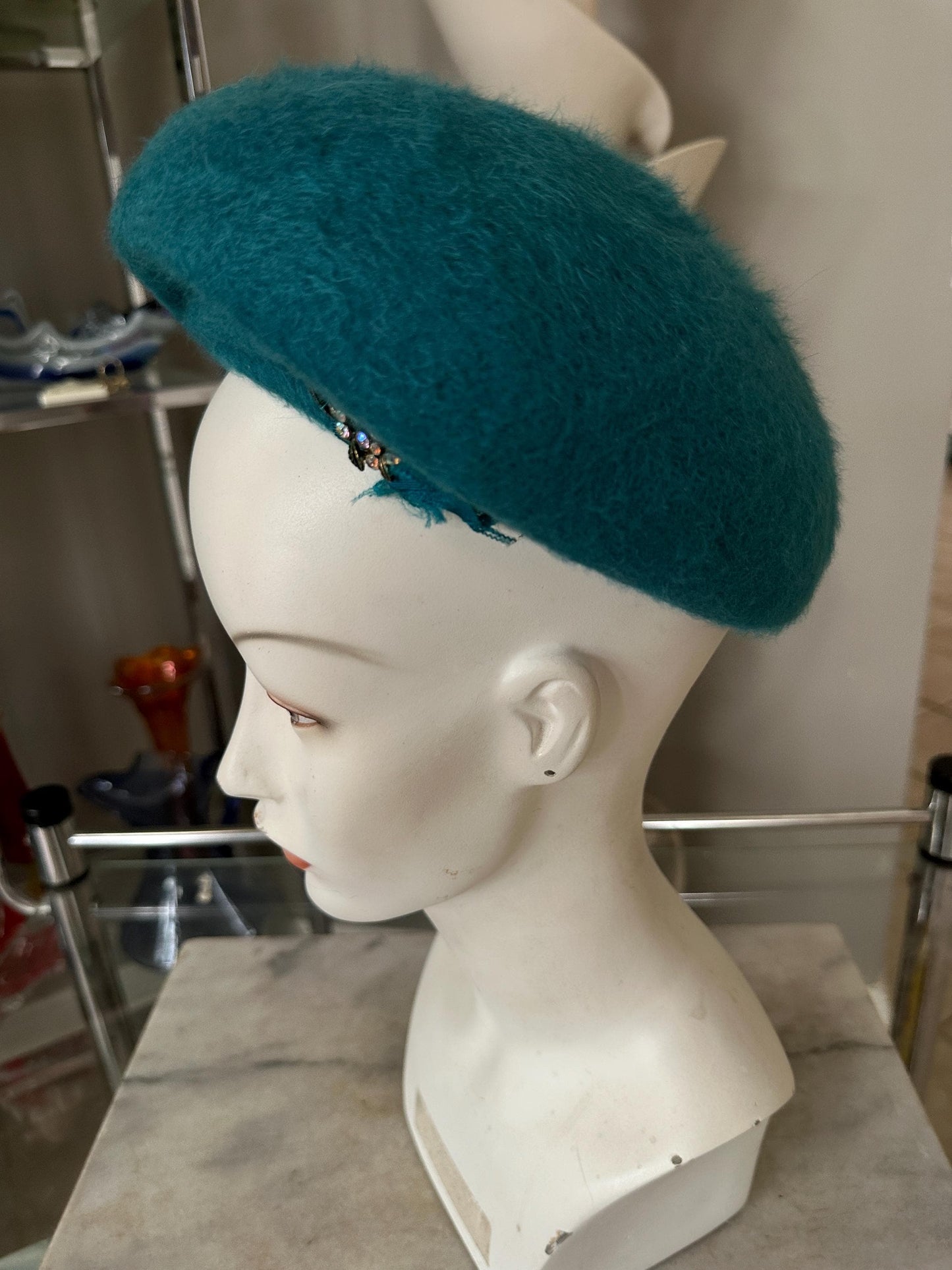 Vintage Turquoise Wool Felt Dress Hat | Merrimack Metri-Soie | 1950s Ladies Hat, New Old Stock