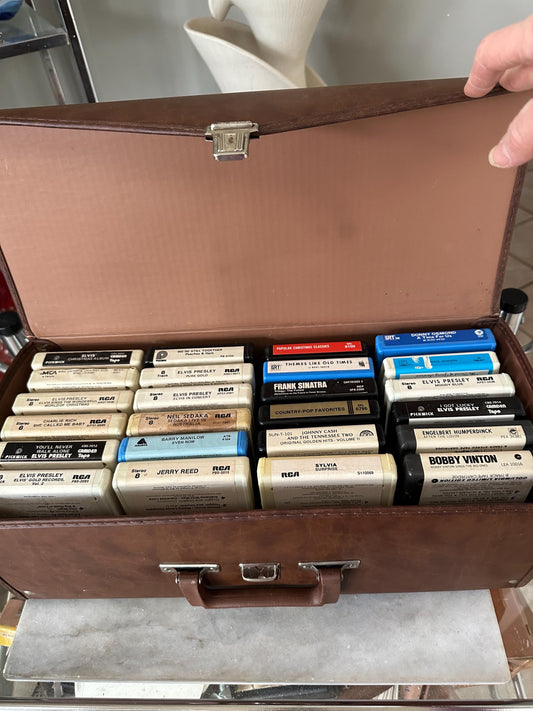 Vintage Faux Leather  8 Track Case | Faux Leather 24 8 Track Tape Carrying Case with 24 Tapes – Elvis, Johnny Cash, Sinatra, Country, 1970s