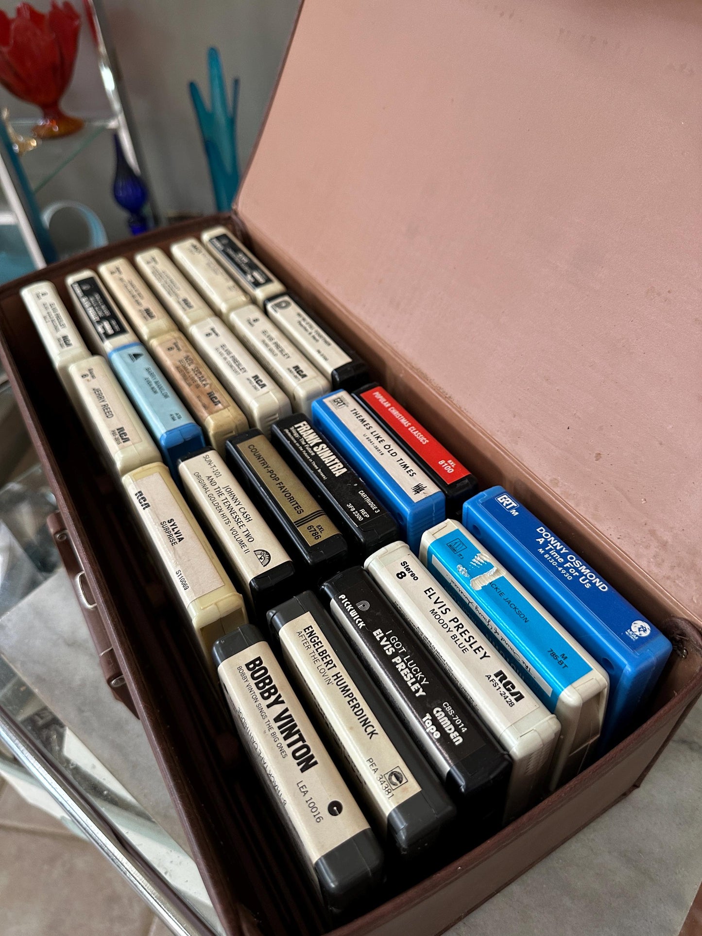 Vintage Faux Leather  8 Track Case | Faux Leather 24 8 Track Tape Carrying Case with 24 Tapes – Elvis, Johnny Cash, Sinatra, Country, 1970s