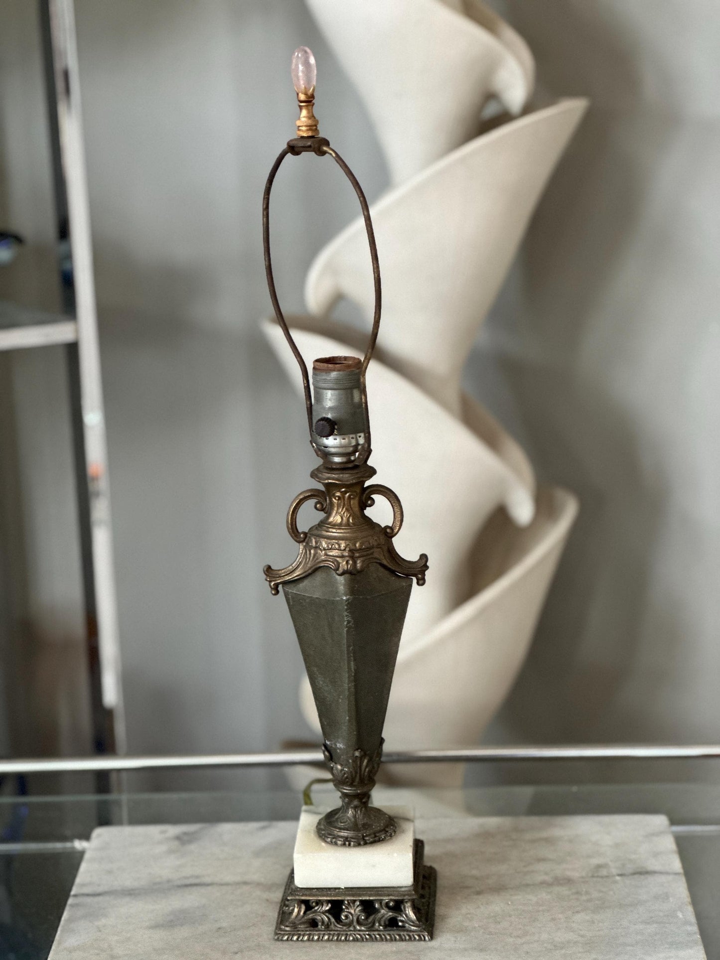 Vintage Neoclassical Marble & Ornate Metal Table Lamp – Classical Urn Form – 22” Tall