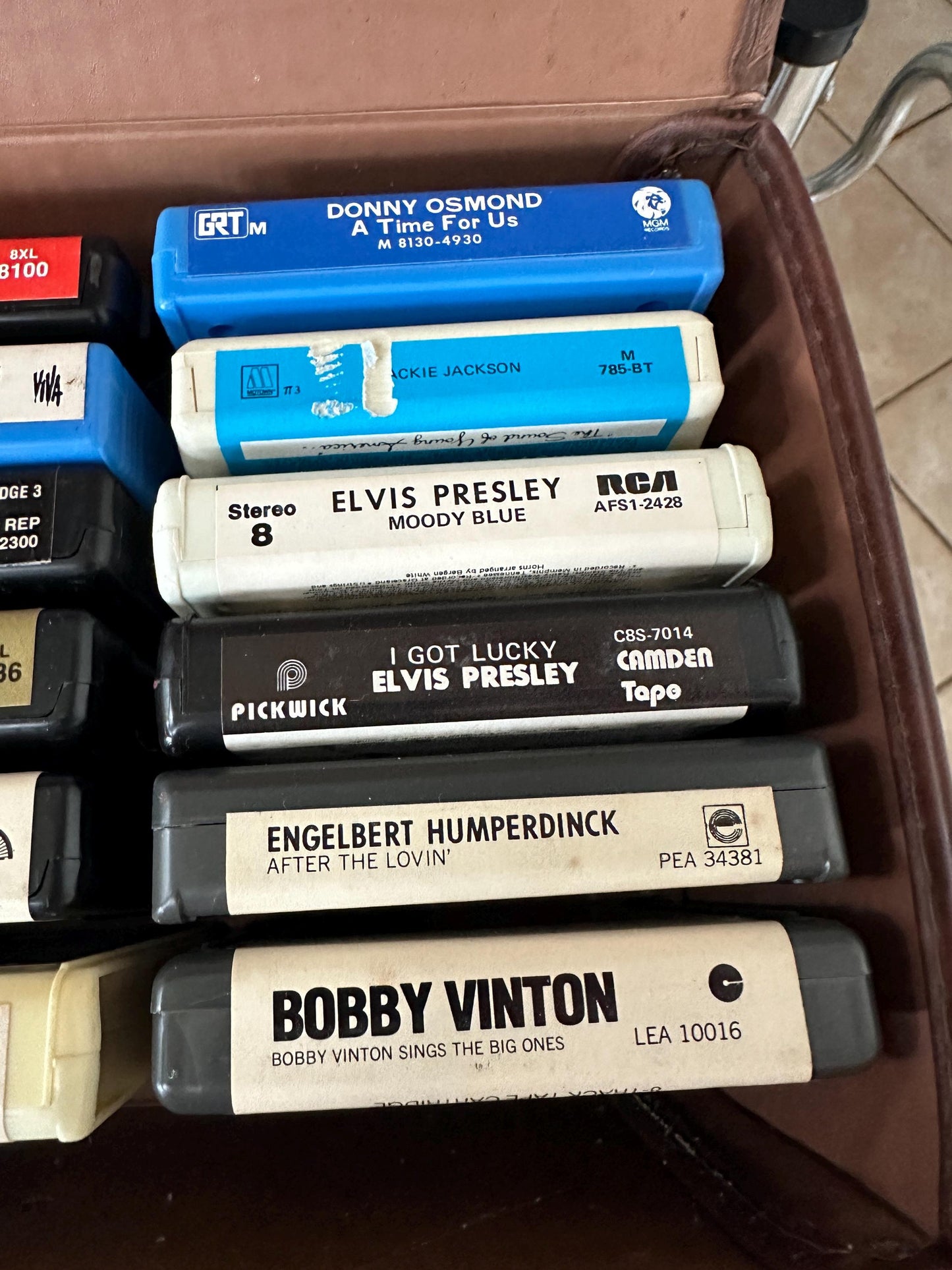 Vintage Faux Leather  8 Track Case | Faux Leather 24 8 Track Tape Carrying Case with 24 Tapes – Elvis, Johnny Cash, Sinatra, Country, 1970s