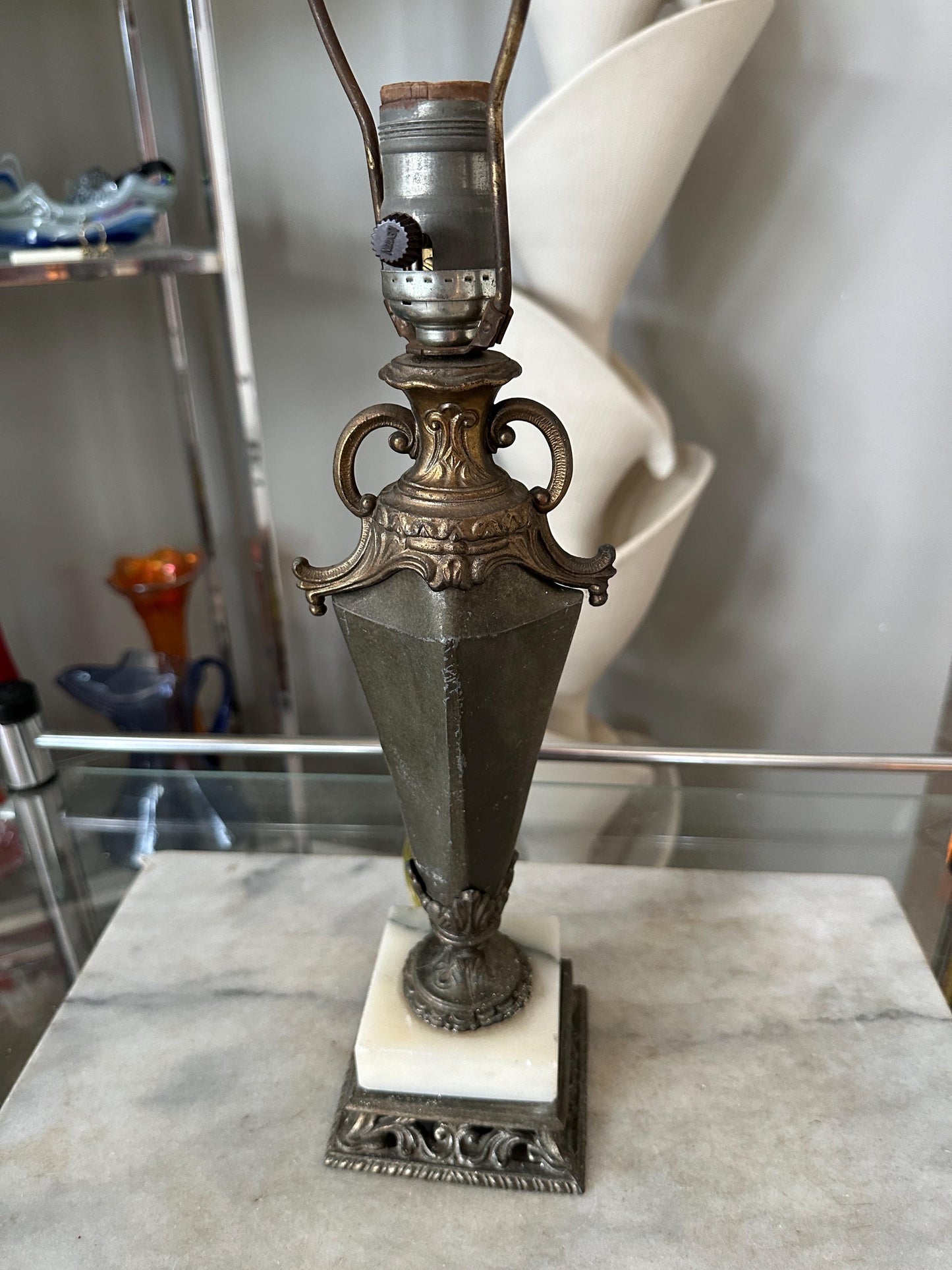 Vintage Neoclassical Marble & Ornate Metal Table Lamp – Classical Urn Form – 22” Tall