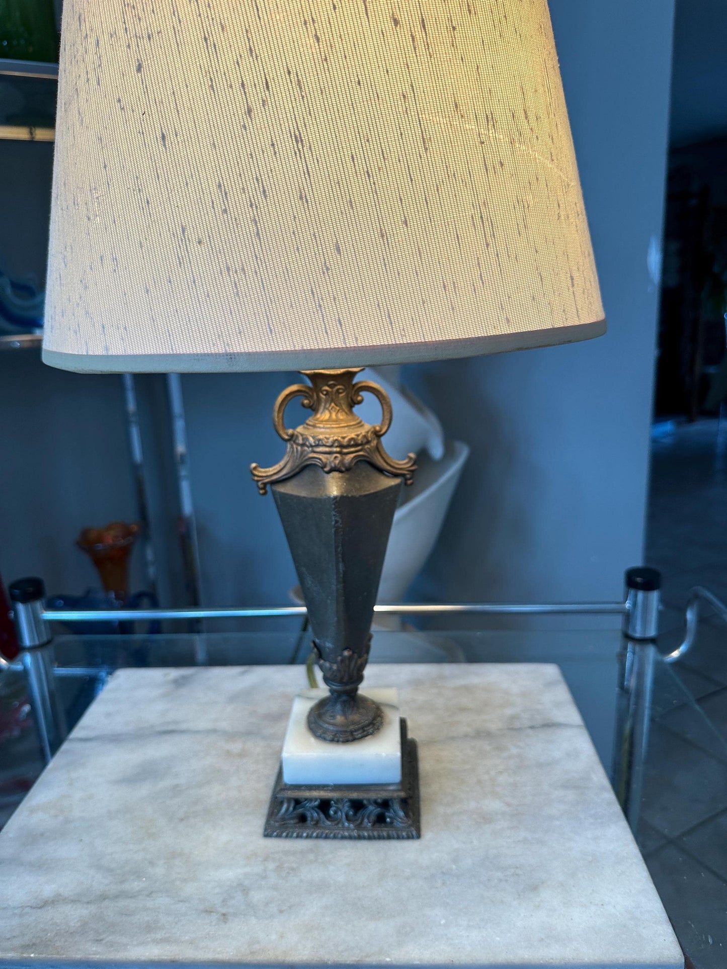 Vintage Neoclassical Marble & Ornate Metal Table Lamp – Classical Urn Form – 22” Tall